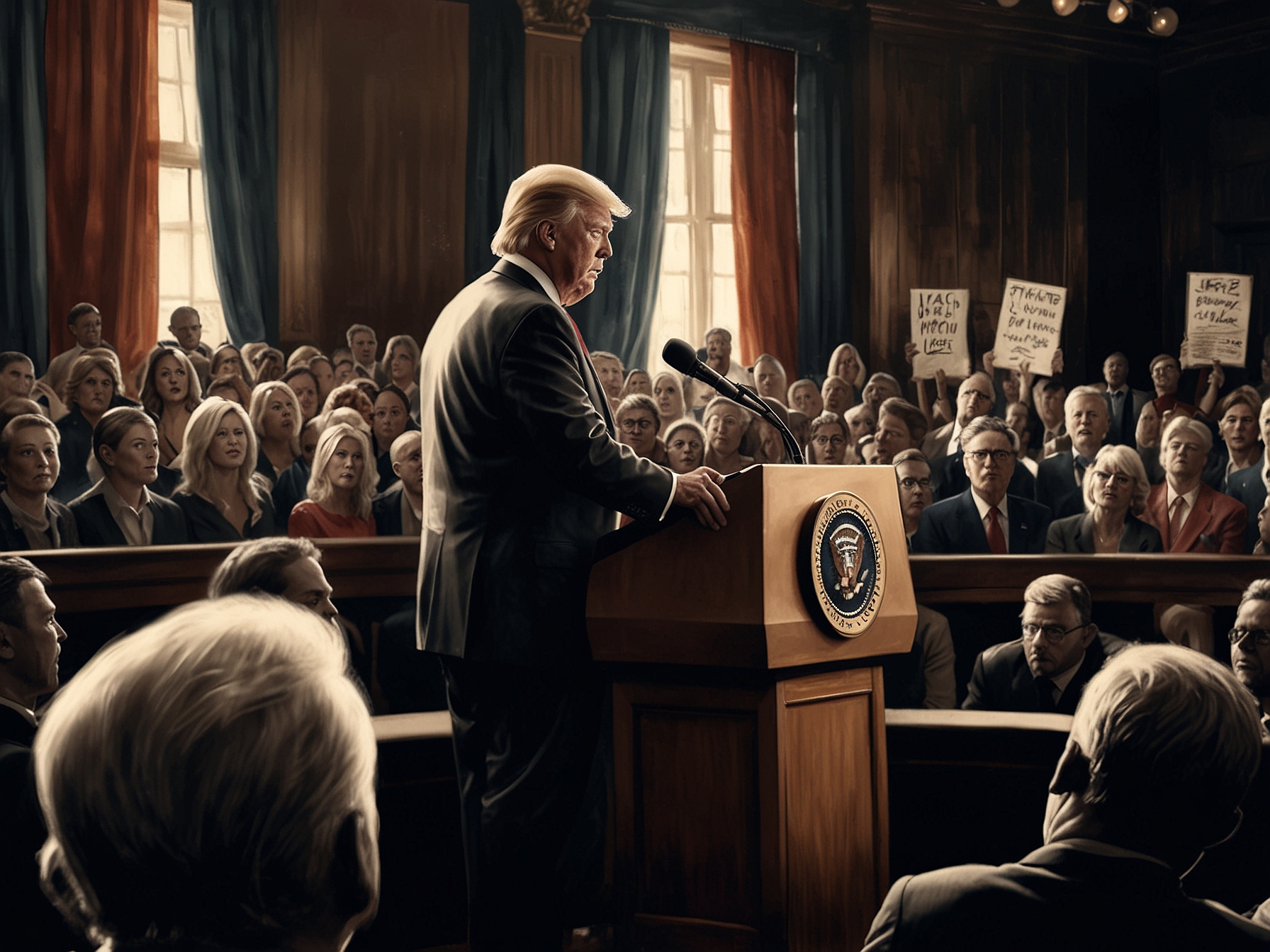 Trump on stage, passionately addressing the audience, with emotional supporters in the foreground, capturing the fervor of his speech about making America great again.