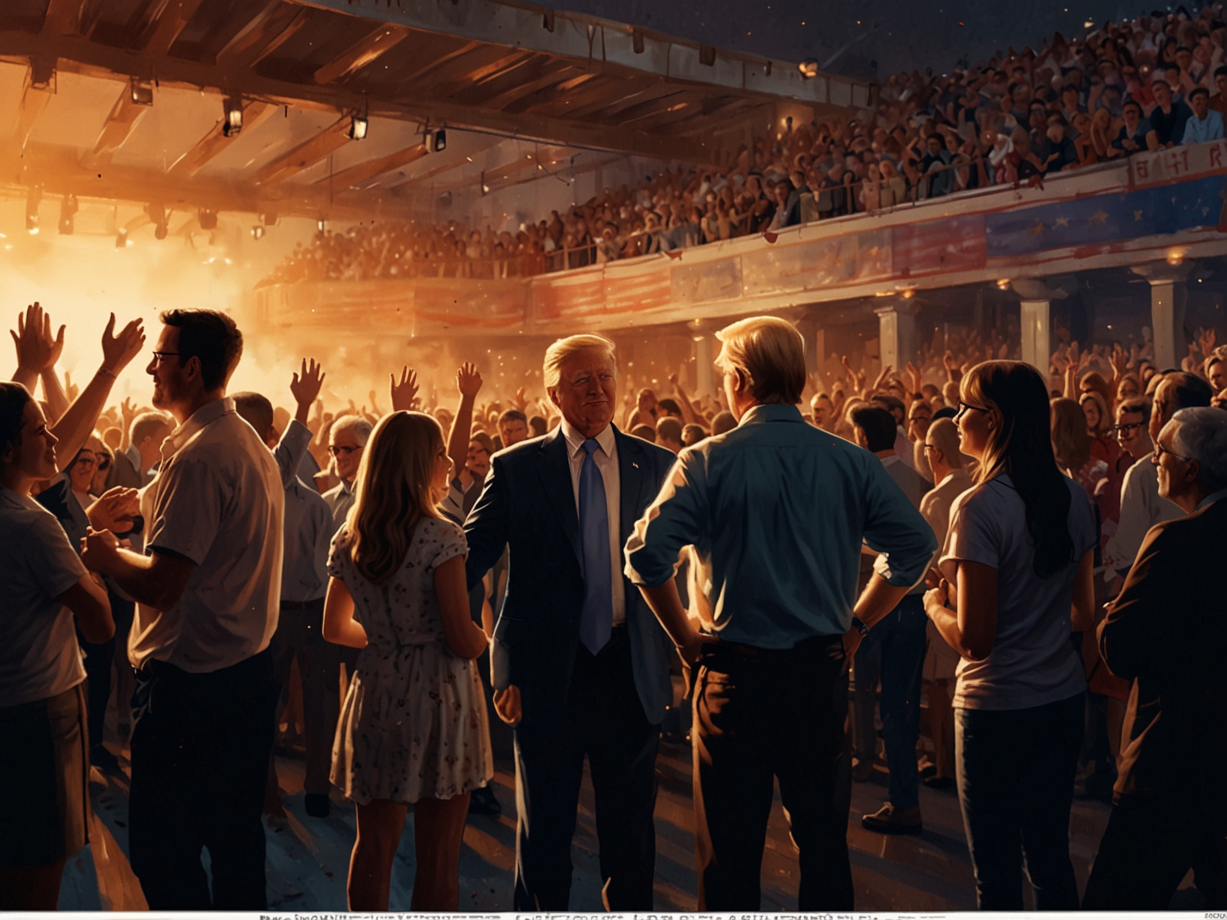 As night falls, attendees gather around the stage, energized by live music and camaraderie, portraying the family reunion-like spirit of Trump's rally experience.