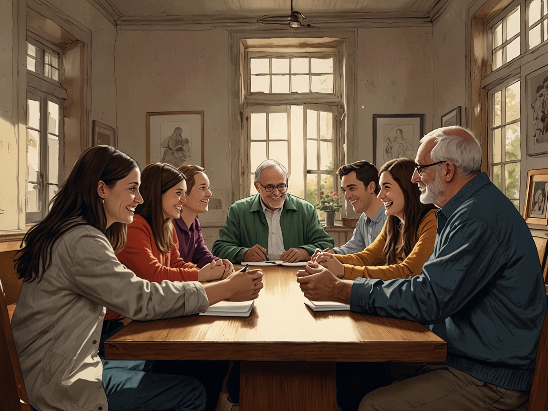 An illustration depicting the joys of community and connection, highlighting friends gathered around a table, emulating Francis's belief in the power of relationships.