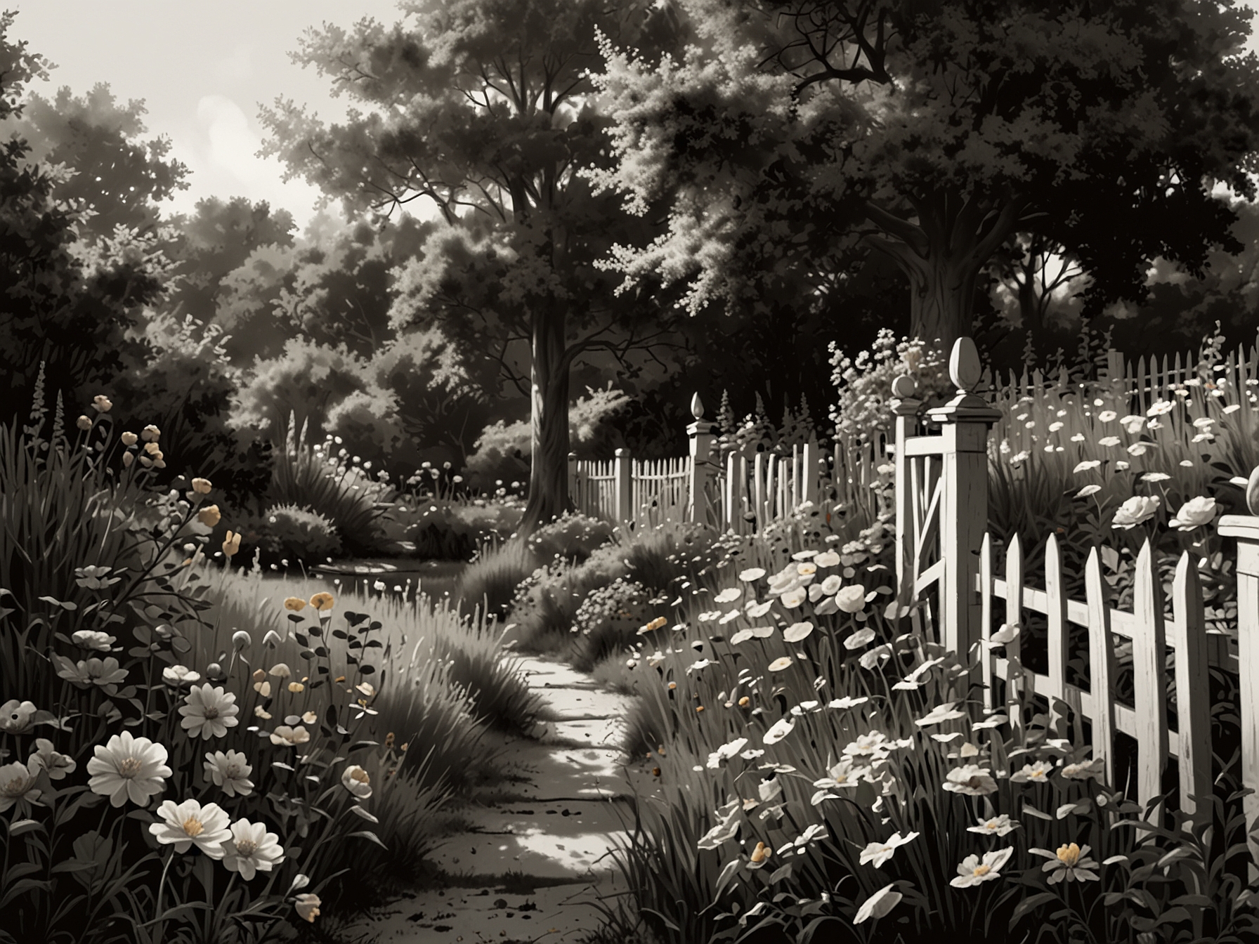 A scenic garden image representing Elizabeth's love for gardening, featuring blooming flowers and gentle sunlight, reflecting her appreciation for life's simple pleasures.