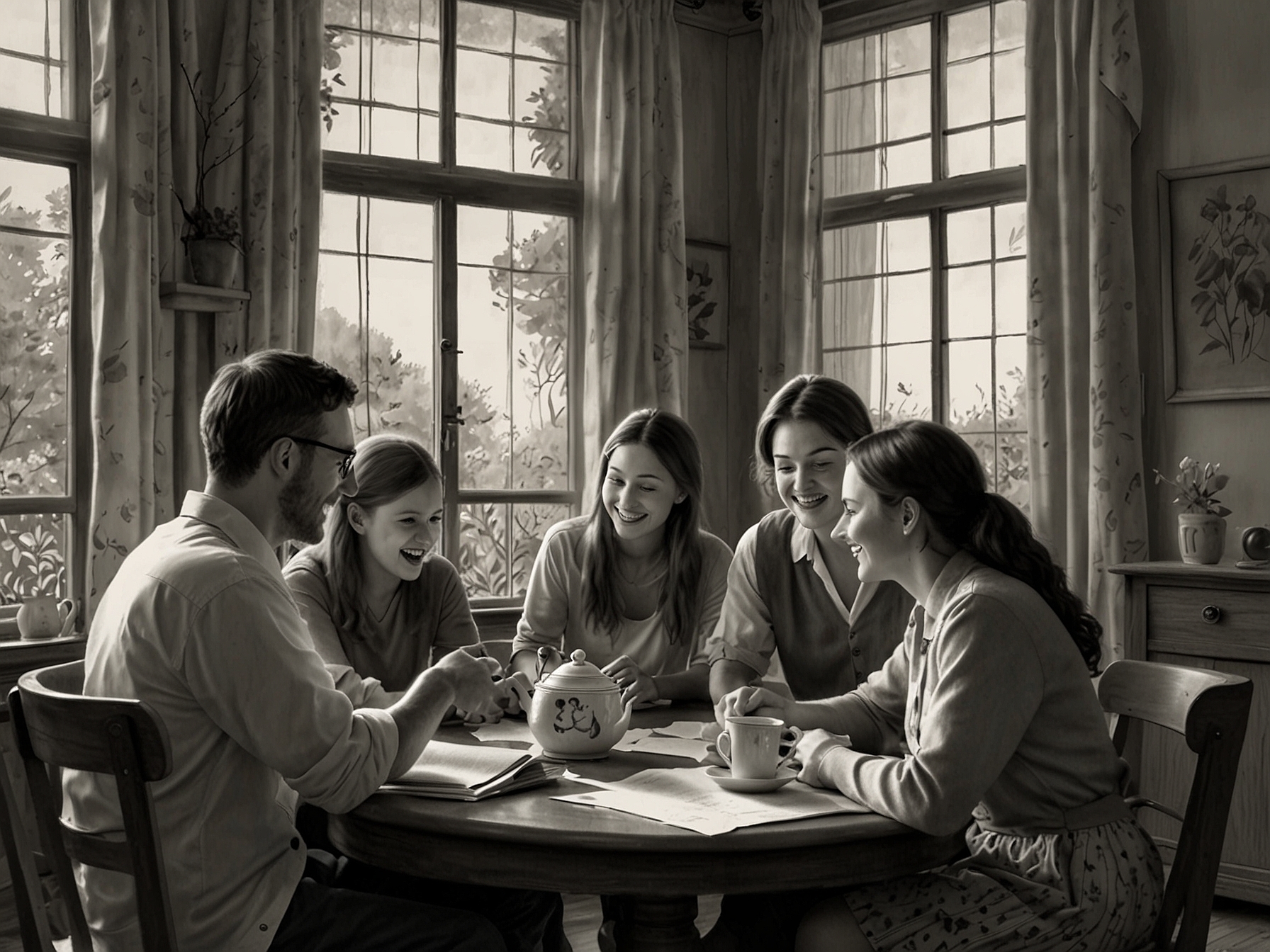 A heartwarming scene of a family gathering, emphasizing the love and advice shared by Elizabeth, illustrating her role as the family pillar and anchor of wisdom.