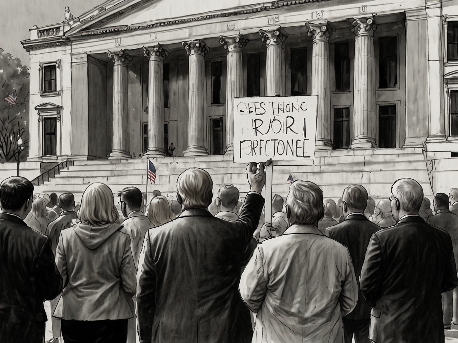 Supporters of Trump gather outside the courthouse, holding signs that express their belief in his innocence and framing the trial as political persecution.