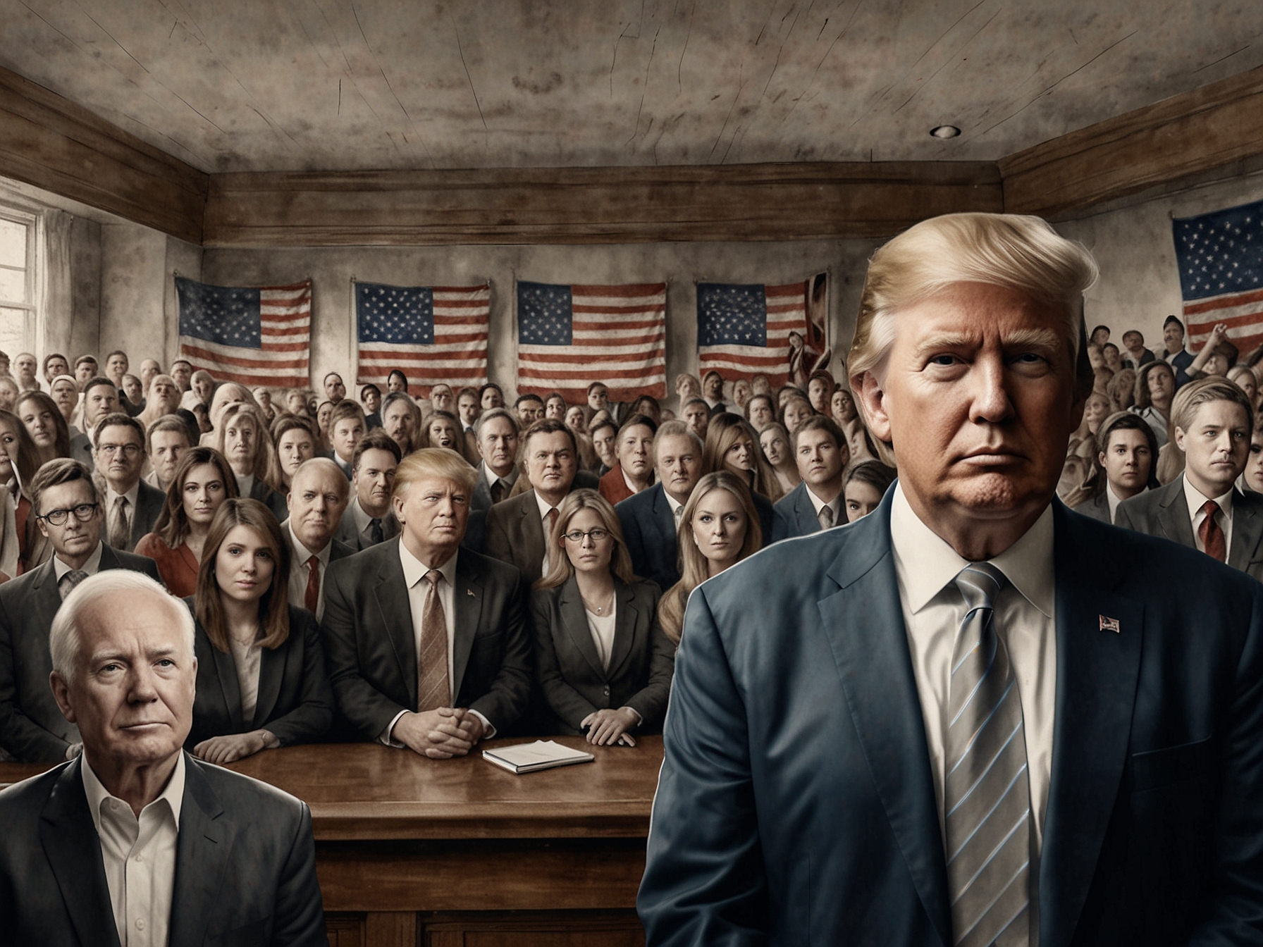 A split image depicting Trump's supporters on one side, energized and hopeful, contrasted with critics who see the trial as a necessary pursuit of justice.
