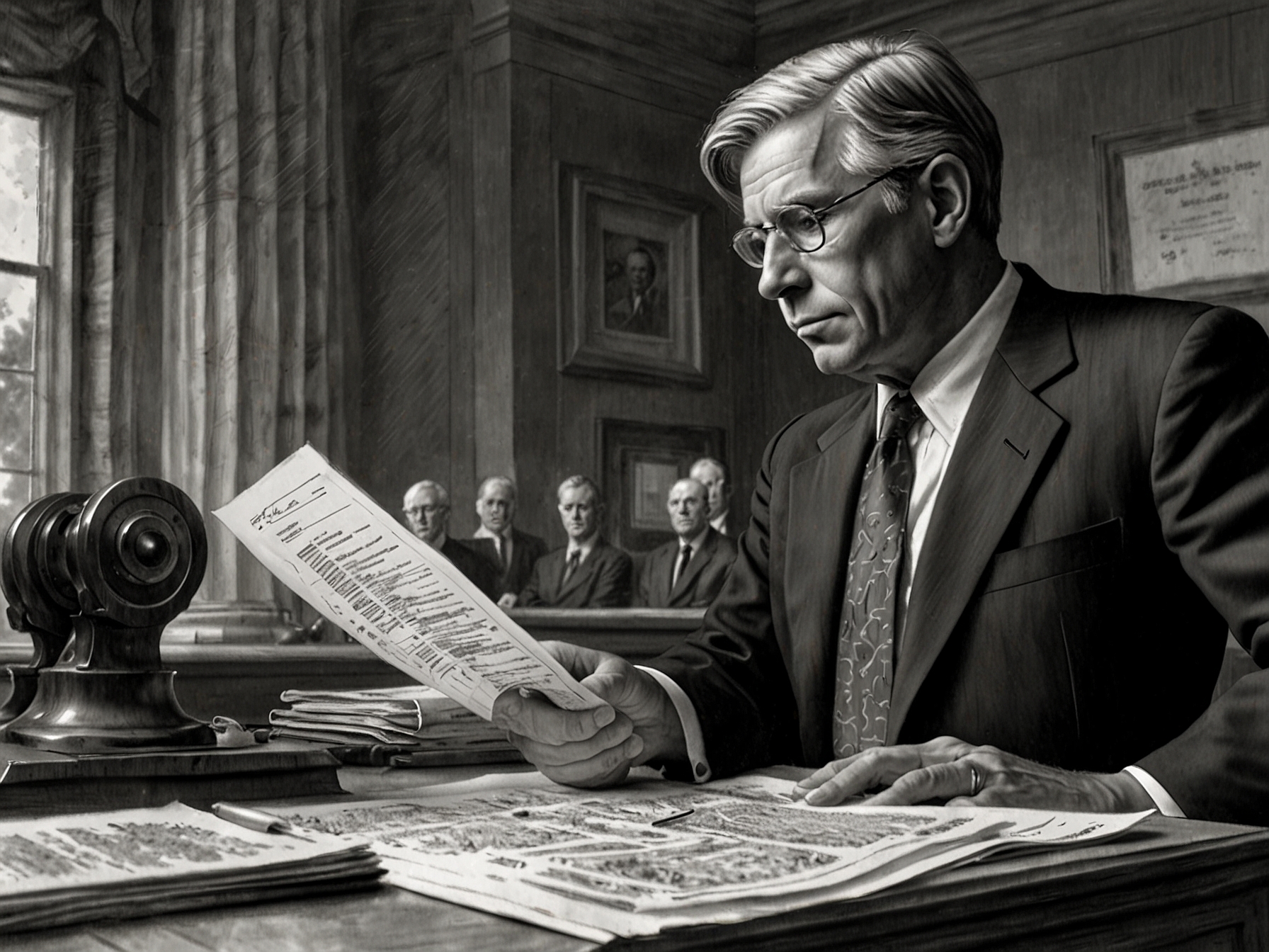 A close-up shot of legal documents being examined, symbolizing the intricate and complex nature of the legal arguments shaping the future of American democracy.