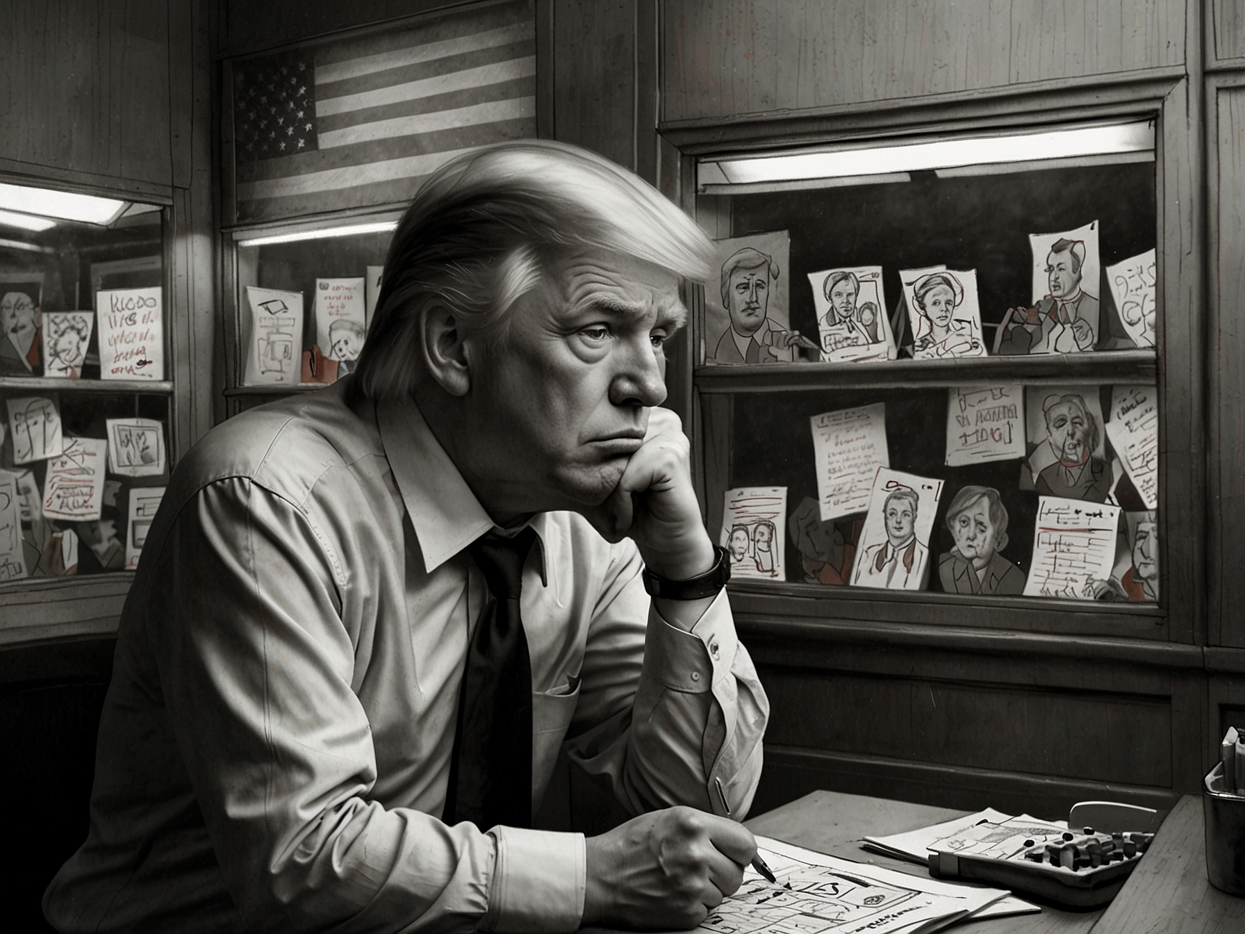 An anxious Republican voter watching election coverage, reflecting on the internal struggle between supporting Trump and preserving traditional party values amidst uncertainty.