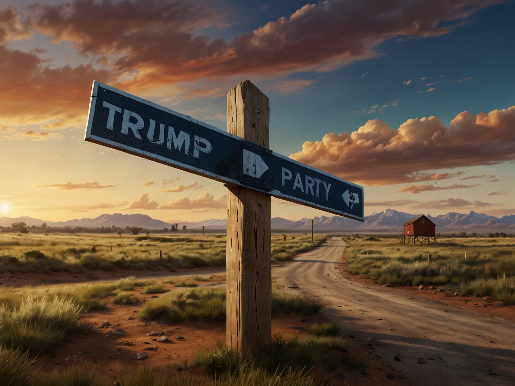 An illustration depicting a crossroads sign representing the future of the Republican Party, with one path leading to Trumpism and the other to a return to foundational ideals.