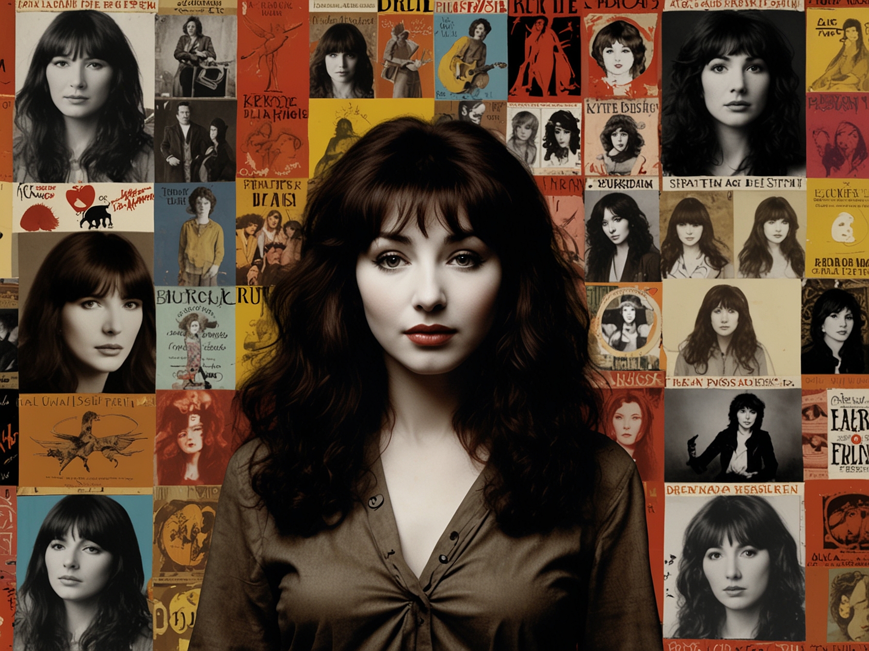 A vibrant collage showcasing album covers from Kate Bush's groundbreaking work, highlighting her innovative sound and storytelling through the decades.