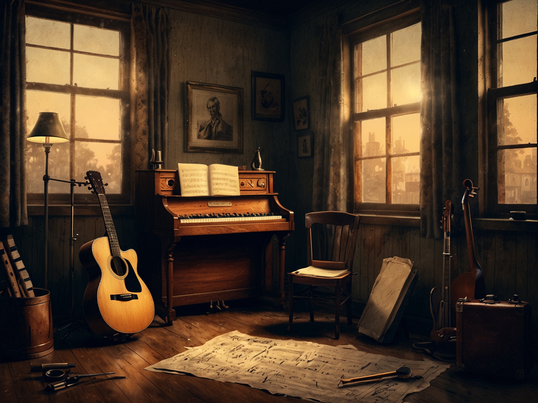 An image of a vintage studio setting, symbolizing the creative process, with instruments and sheet music suggesting Bush's return to songwriting and recording.
