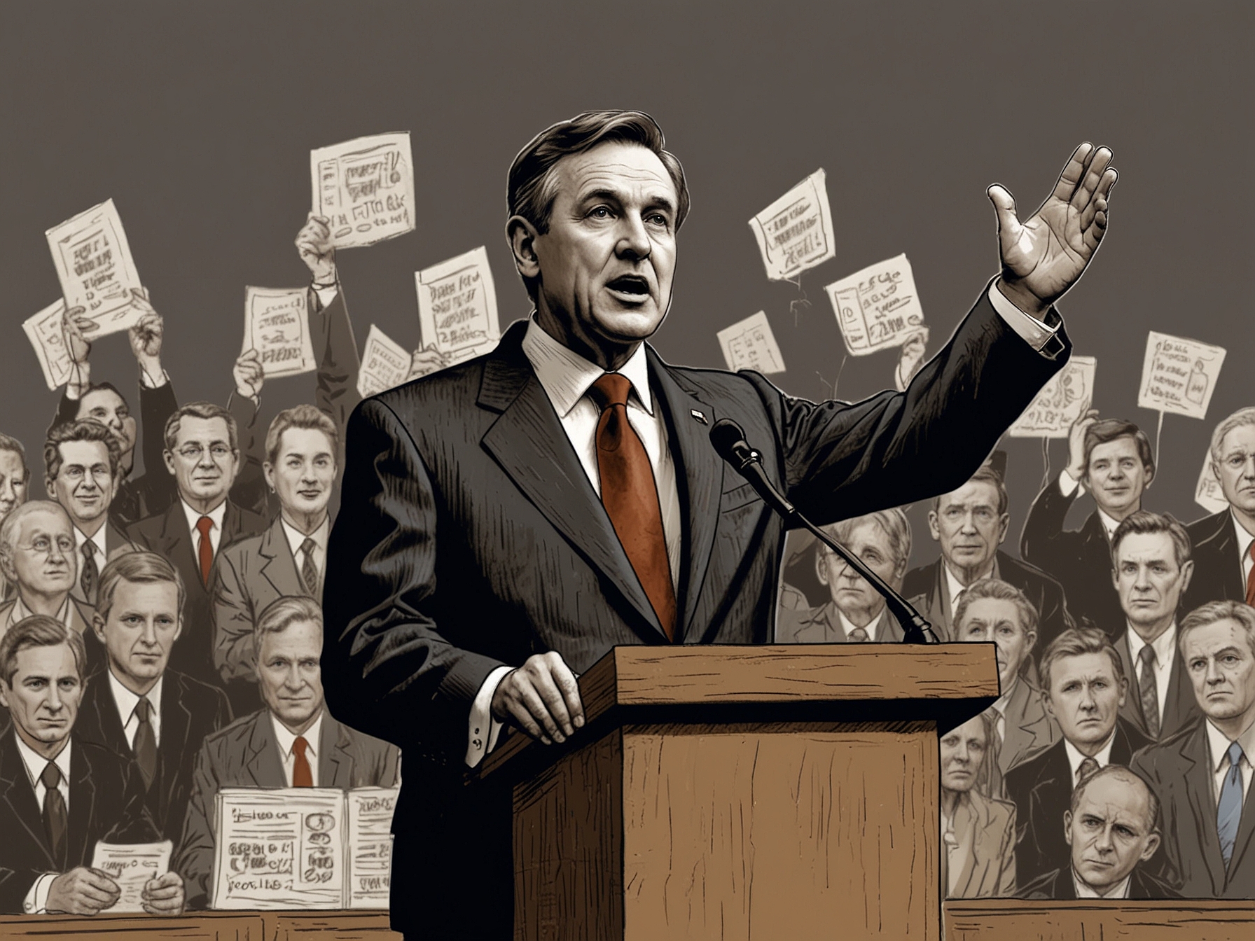 A depiction of a politician addressing a crowd with icons representing taxes and budgets, stressing the importance of transparent communication in politics.