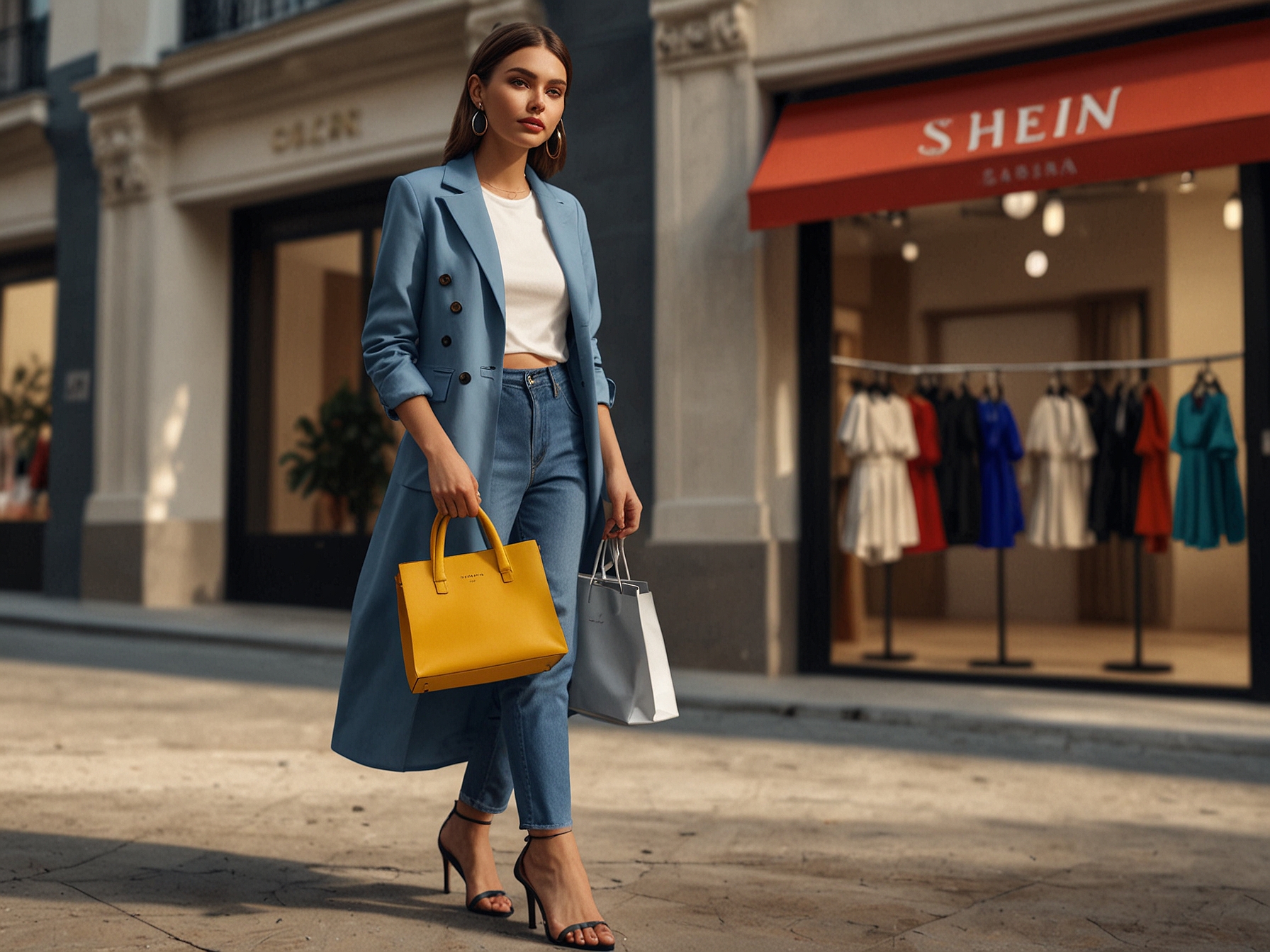 A stylish shopper using the search term 'Exactly the same' on SHEIN's platform, highlighting a collection of affordable clothing items that resemble trendy Zara designs.