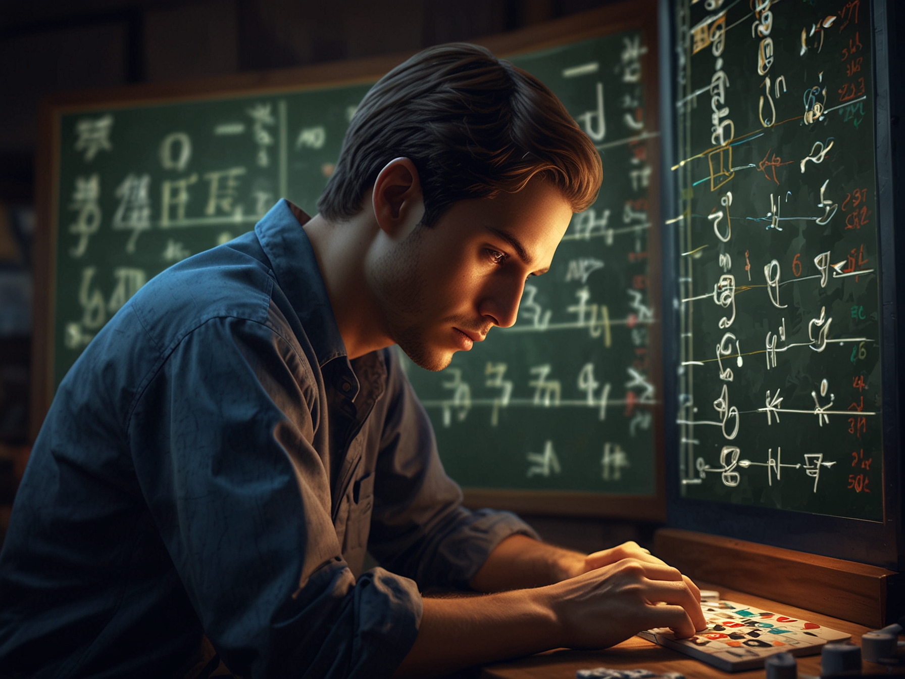 A player deeply focused on a digital screen with hints like common prefixes and vowel placements highlighted, showcasing the strategic thinking involved in successfully solving Quordle puzzles.