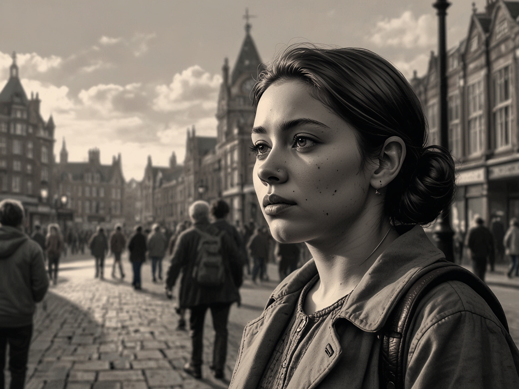 Maya, looking over her shoulder with a worried expression, stands in Albert Square as residents in the background whisper and glance at her suspiciously.