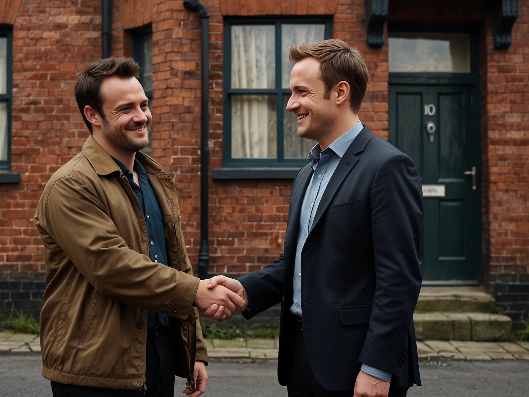 Joel, with a sinister smile, shakes hands with an unsuspecting new character in Coronation Street, hinting at his dark intentions and the impending danger.