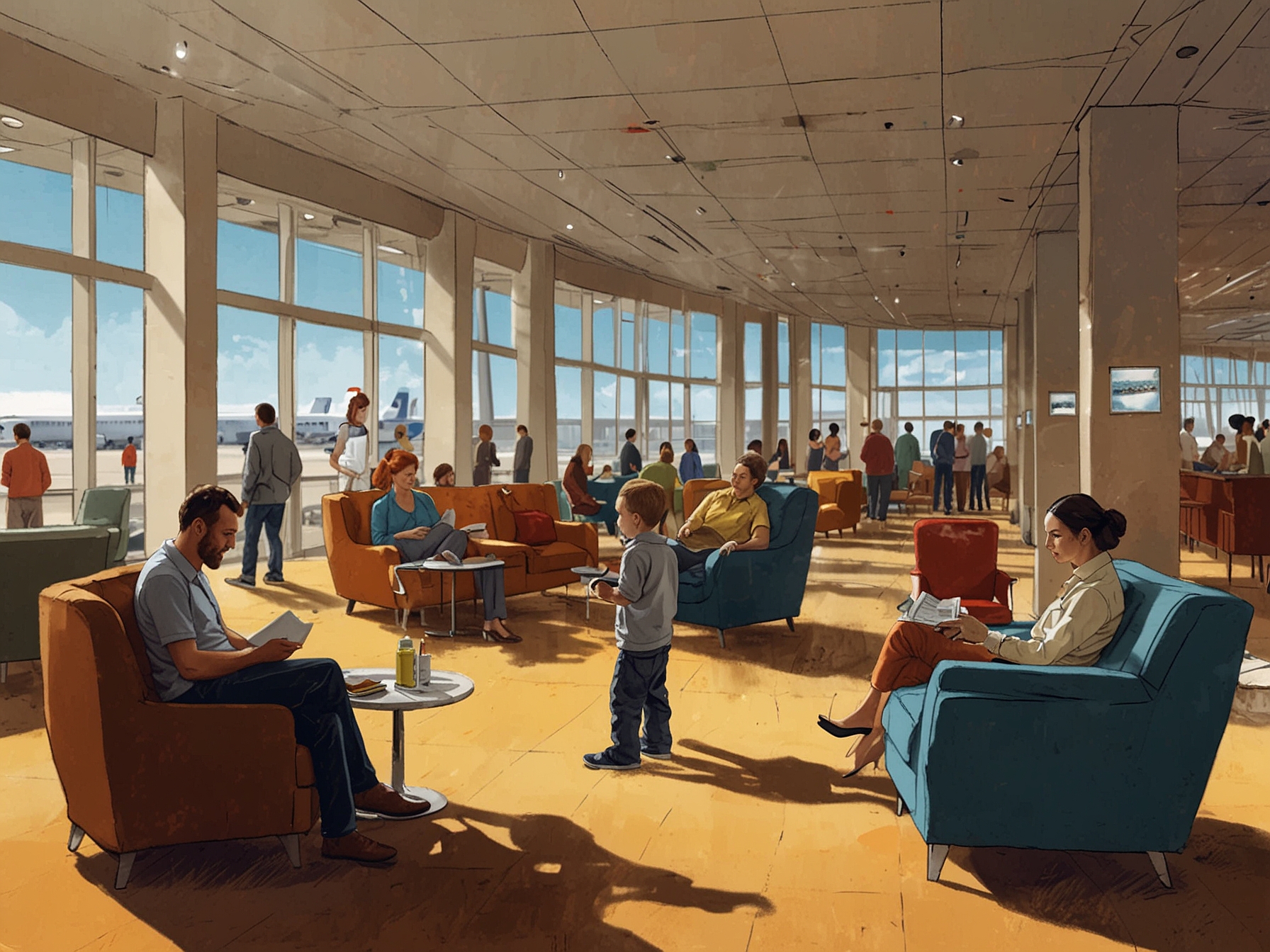 An illustration showing a busy airport lounge with both adults working quietly and a family area with children playing, highlighting the debate on accommodating diverse needs.