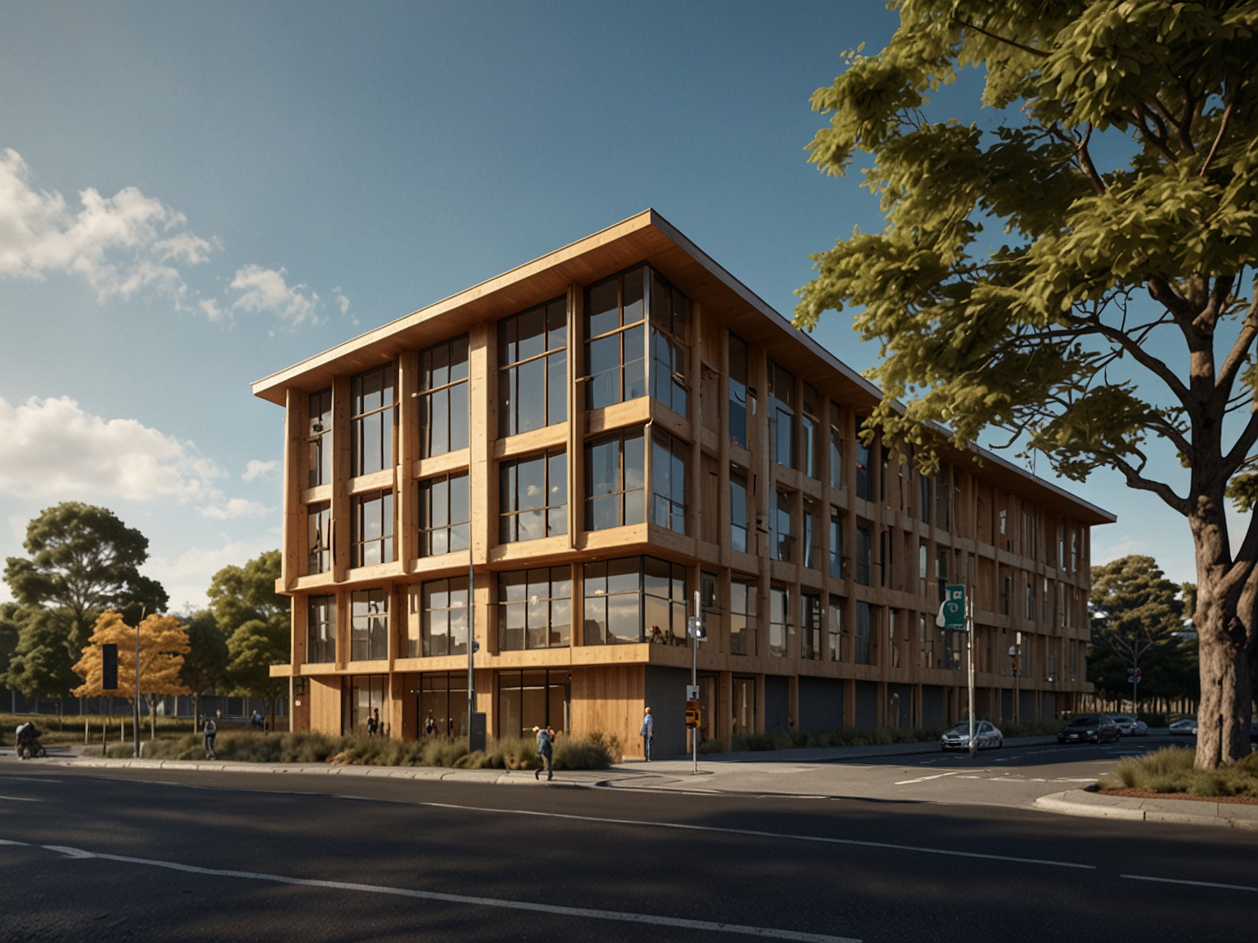 Illustration of the future state-of-the-art mass timber office building on Karangahape Road, showcasing its modern design, large windows, and sustainable features such as solar panels.