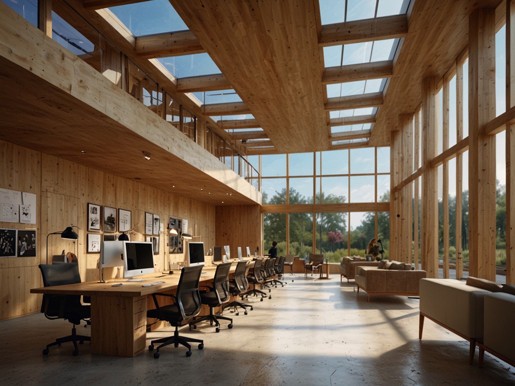 Conceptual drawing of a collaborative and open-plan workspace inside the mass timber office building, highlighting natural light from skylights, wooden interiors, and eco-friendly technologies.