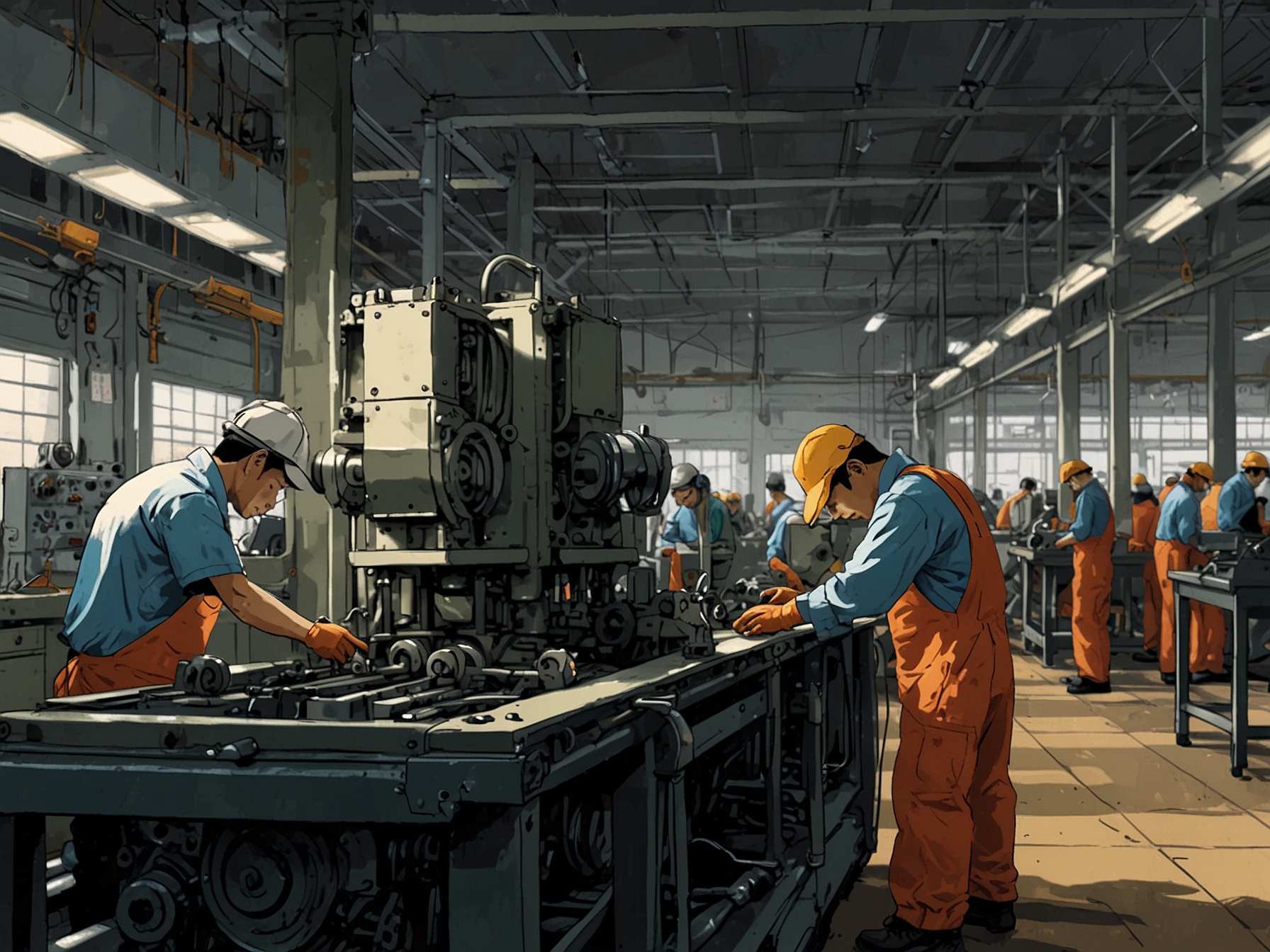 Workers in a Japanese manufacturing facility assembling machinery components, highlighting the challenges faced due to supply chain disruptions and the anticipation of future growth.