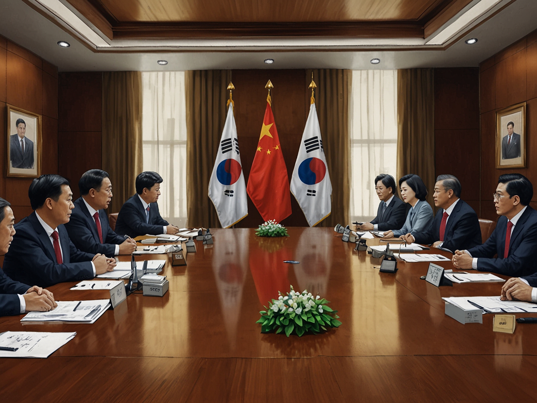 Chinese and South Korean officials seated across from each other in a formal meeting room, engaging in high-level security talks to discuss regional and bilateral concerns.