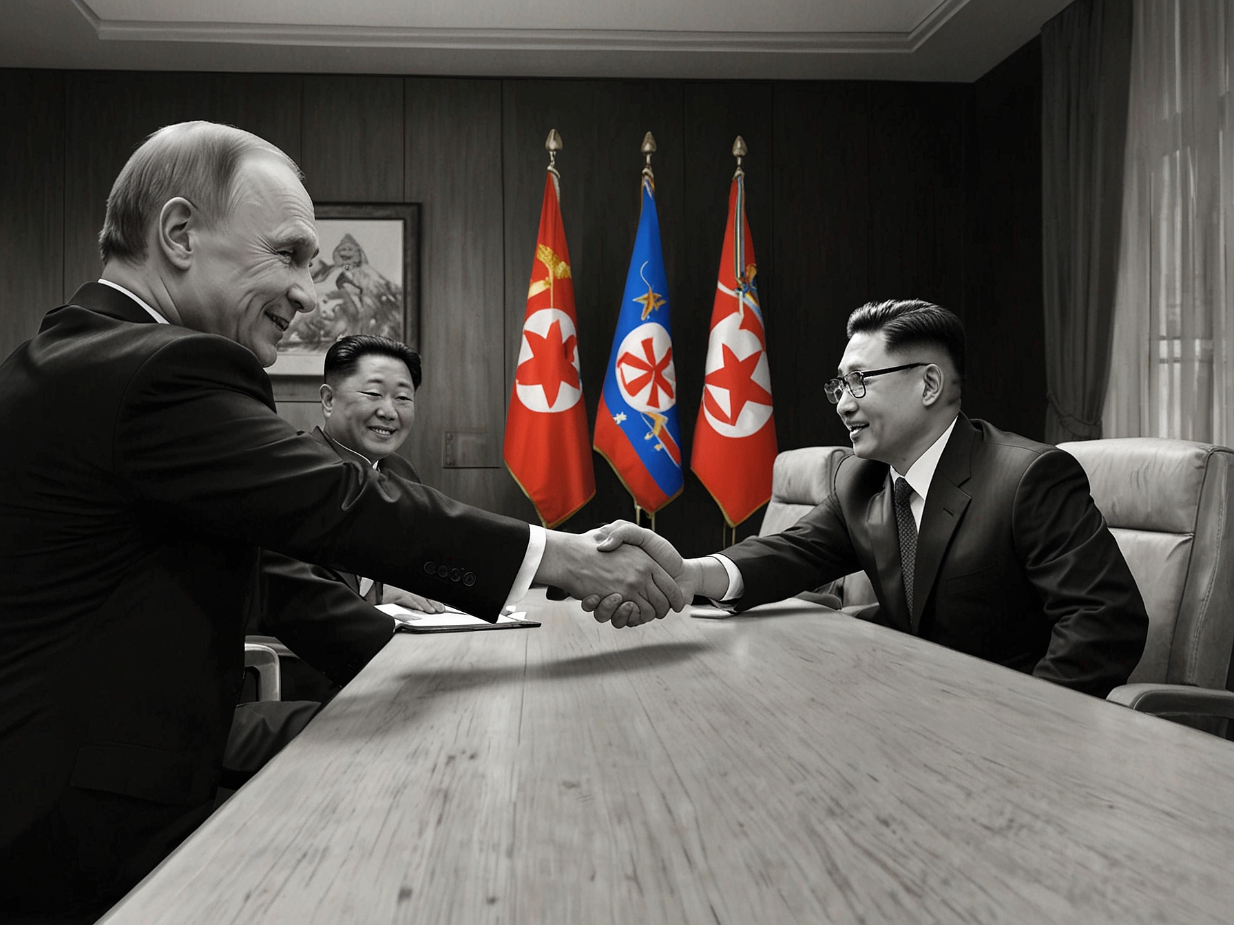 Vladimir Putin and Kim Jong-un shaking hands during a historic visit, reflecting Russia's renewed engagement with North Korea amidst shifting geopolitical dynamics in Northeast Asia.
