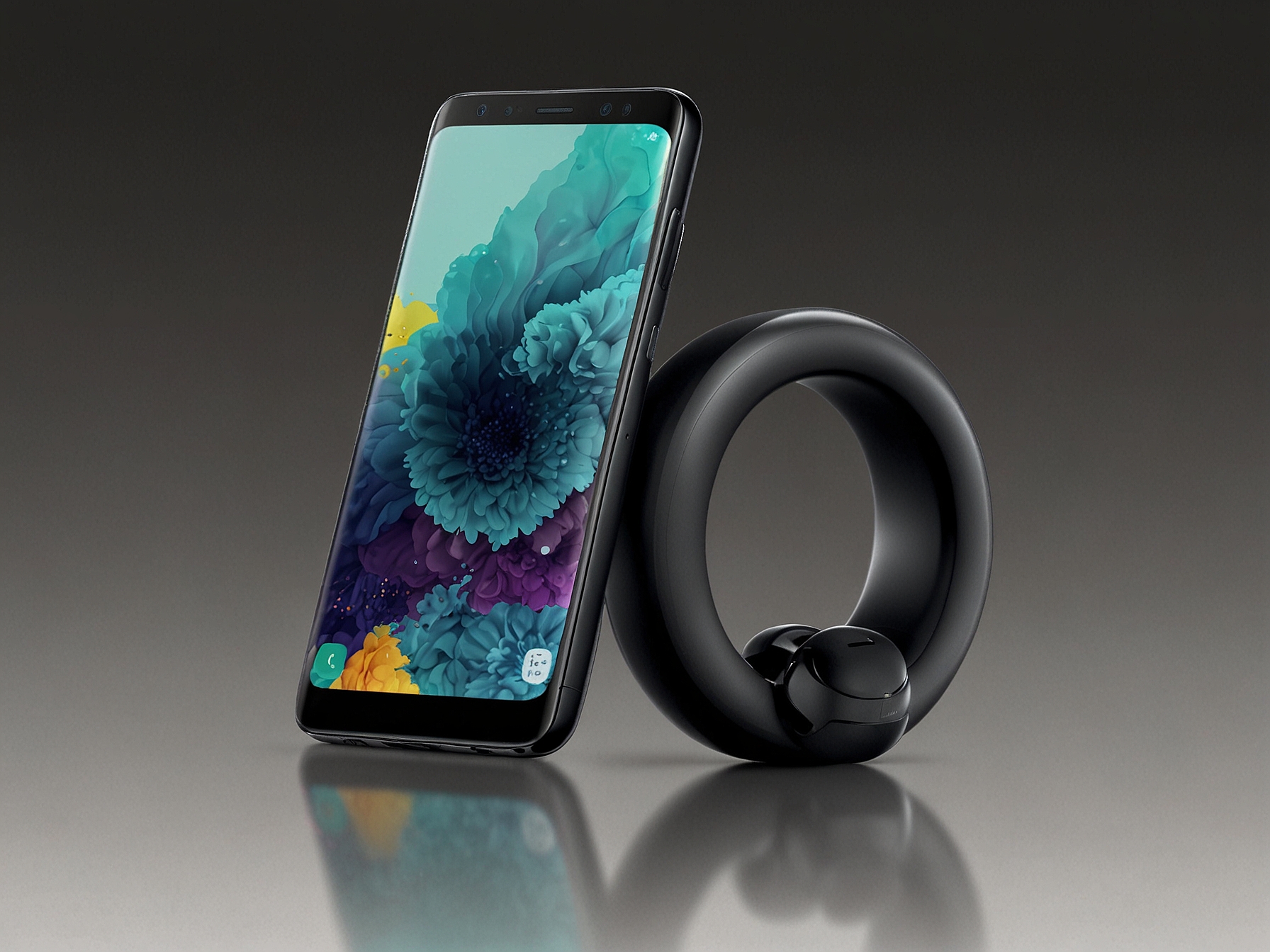 An image showcasing the sleek design of the Samsung Galaxy Ring alongside its compact, earbud-like charging case, highlighting the novel charging method and the ring's portability.