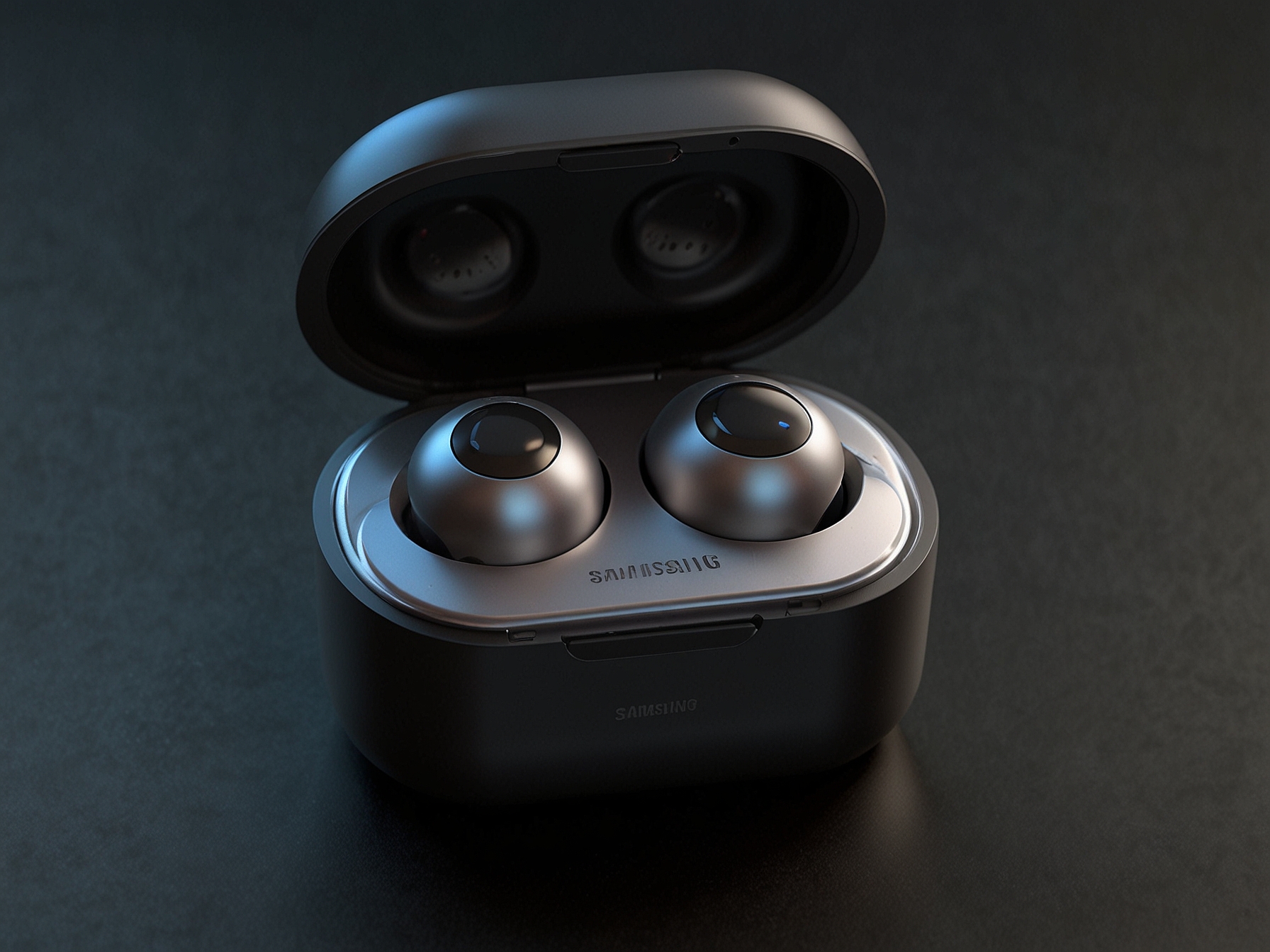 A rendering of the Samsung Galaxy Ring in its charging case, demonstrating the convenience and protection offered by the case, inspired by the design of Samsung's Galaxy Buds charging cases.