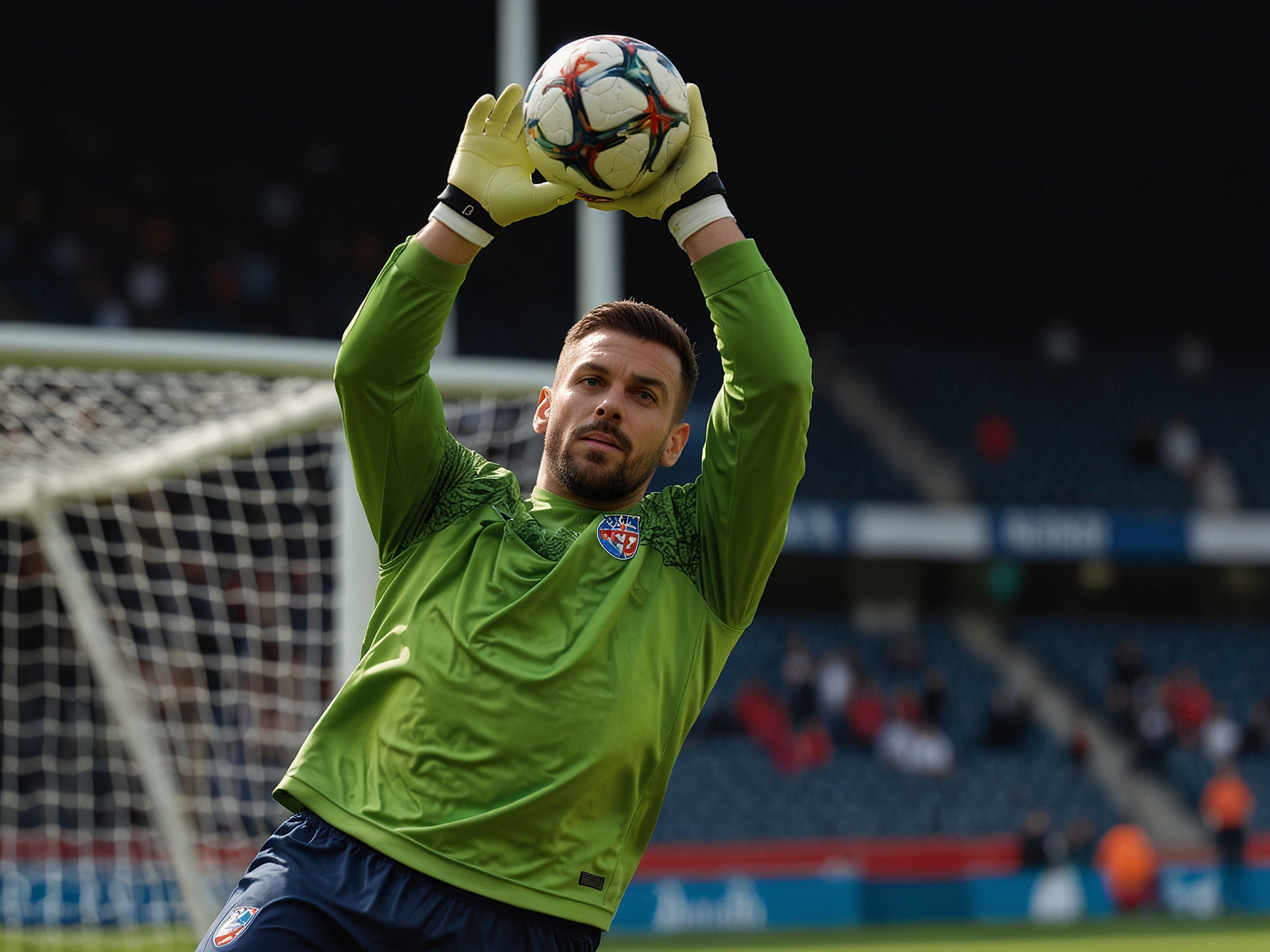 Slovak goalkeeper Martin Dúbravka making a spectacular save during training, showcasing his crucial role in Slovakia's defensive strategy for the upcoming Euro 2024 match.