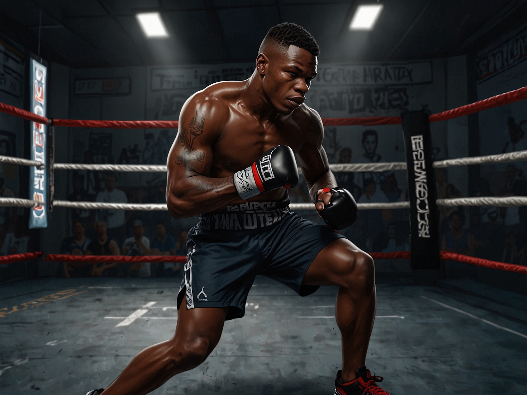 Israel Adesanya intensively training in a dimly lit gym, symbolizing his focus and determination in preparation for his highly anticipated fight at UFC 305.
