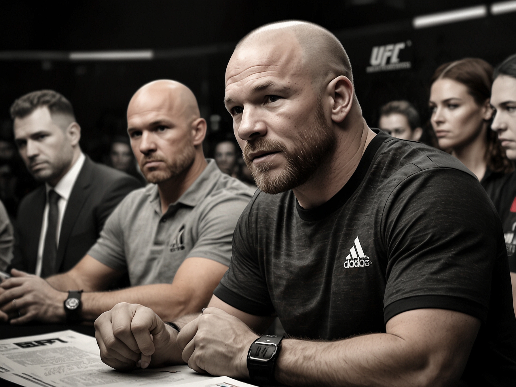 Dana White at a press conference announcing the Adesanya vs. Du Plessis fight, highlighting the excitement and anticipation surrounding this major UFC event.