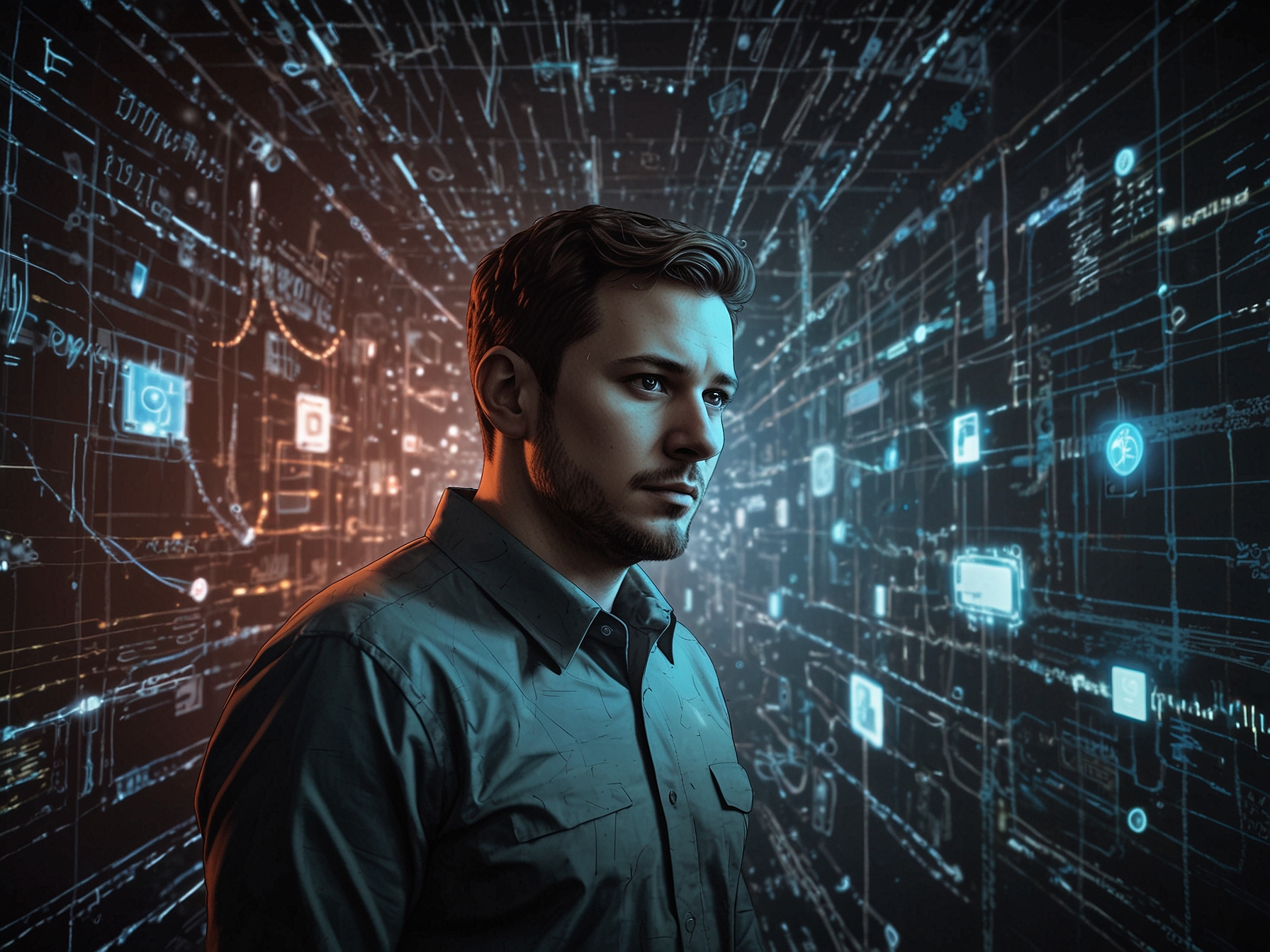 A depiction of an individual surrounded by AI-powered surveillance technologies, highlighting the balance between security and the risk of infringing on privacy and autonomy.