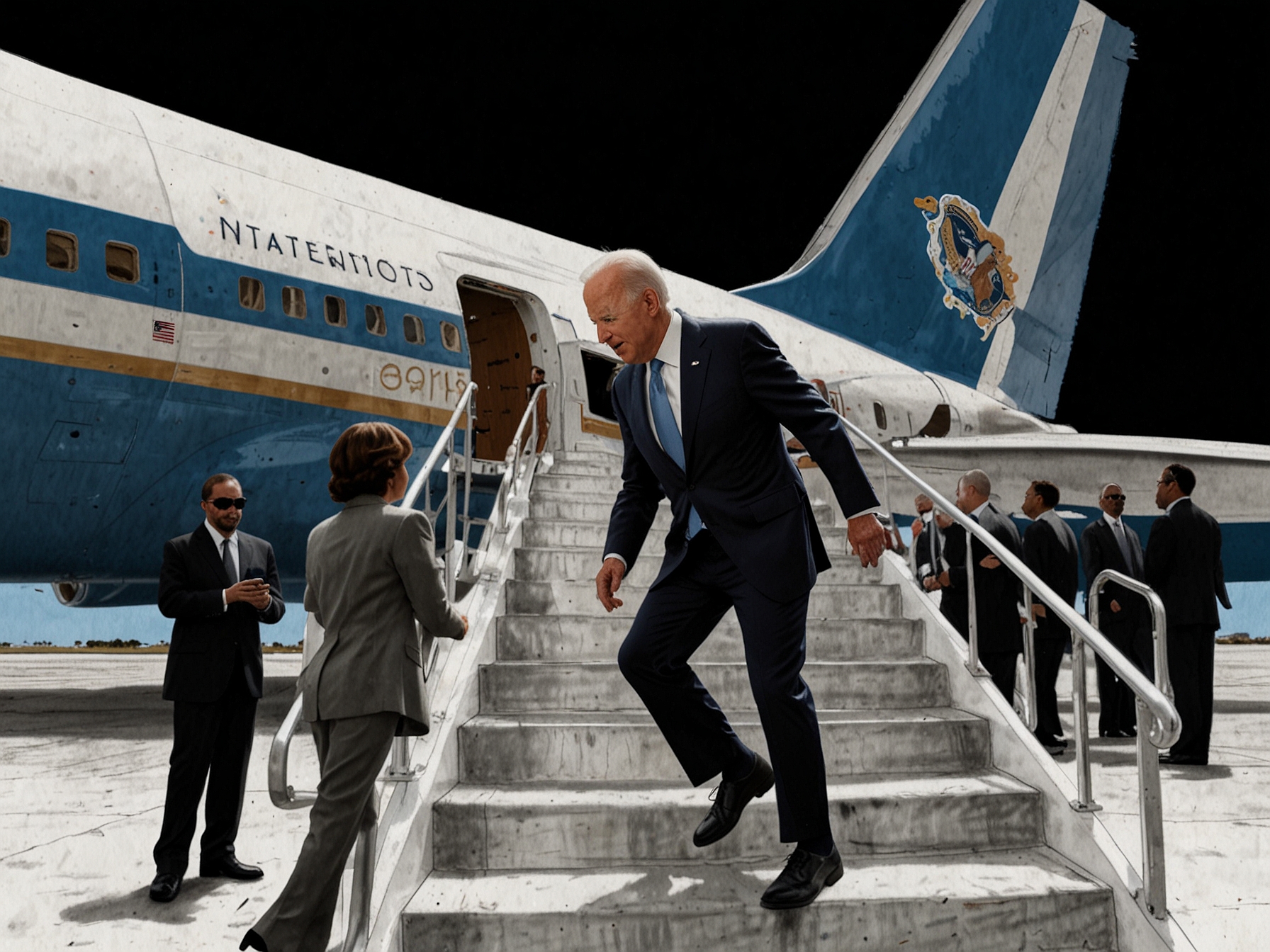 Illustration of President Joe Biden tripping on the stairs of Air Force One, capturing global media attention and raising concerns about his physical vigor and overall health.