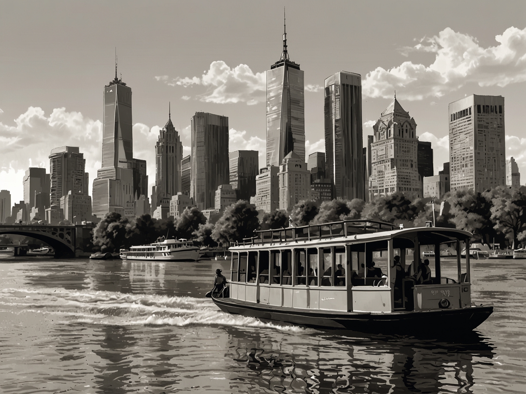 Passengers enjoying a scenic ride on a river taxi, with a backdrop of the city's skyline and natural beauty, highlighting the unique transport feature.