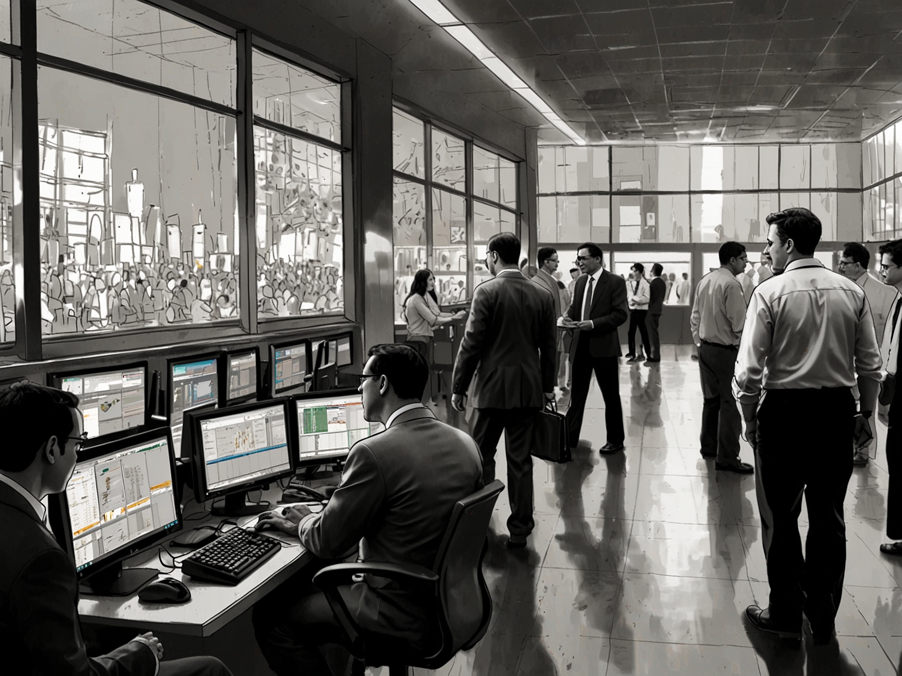 A bustling trading floor with analysts discussing Ultratech Cement's market performance, reflecting the heightened interest and trading activity around the stock.