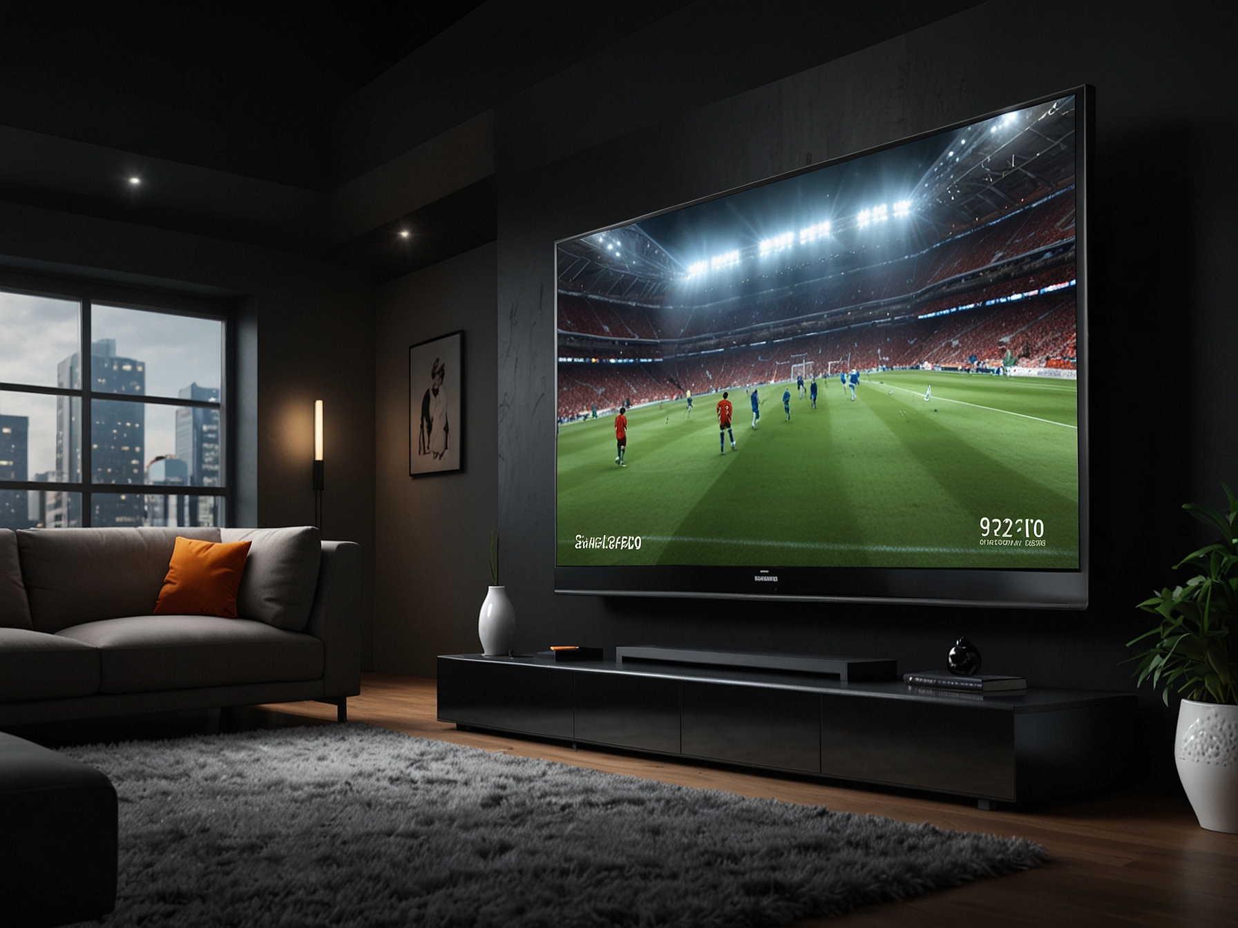 An illustration of Toshiba's Gaming TV Z670 showcasing its AI-powered picture optimization, providing crystal clear viewing of a high-speed football match, capturing every detail.