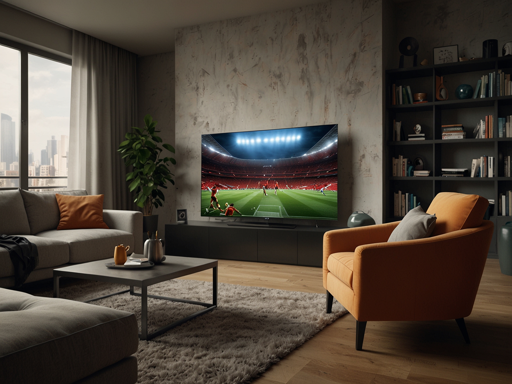 A living room setting featuring the sleek Toshiba Gaming TV Z670 with Dolby Atmos sound, enhancing the immersive experience of watching UEFA EURO 2024TM matches, making viewers feel as if they're in the stadium.