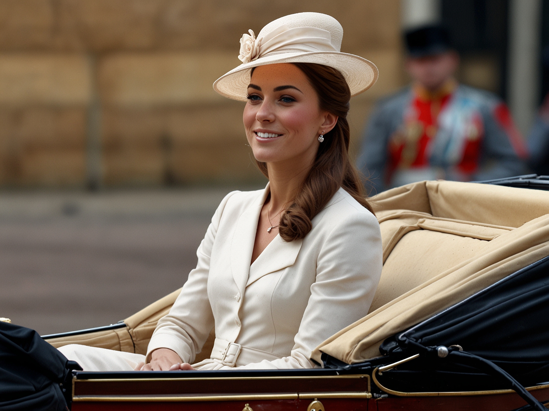 Kate Middleton, elegantly dressed in a pristine white outfit with matching hat, waves to the crowd while riding in a carriage during the Trooping the Colour procession.