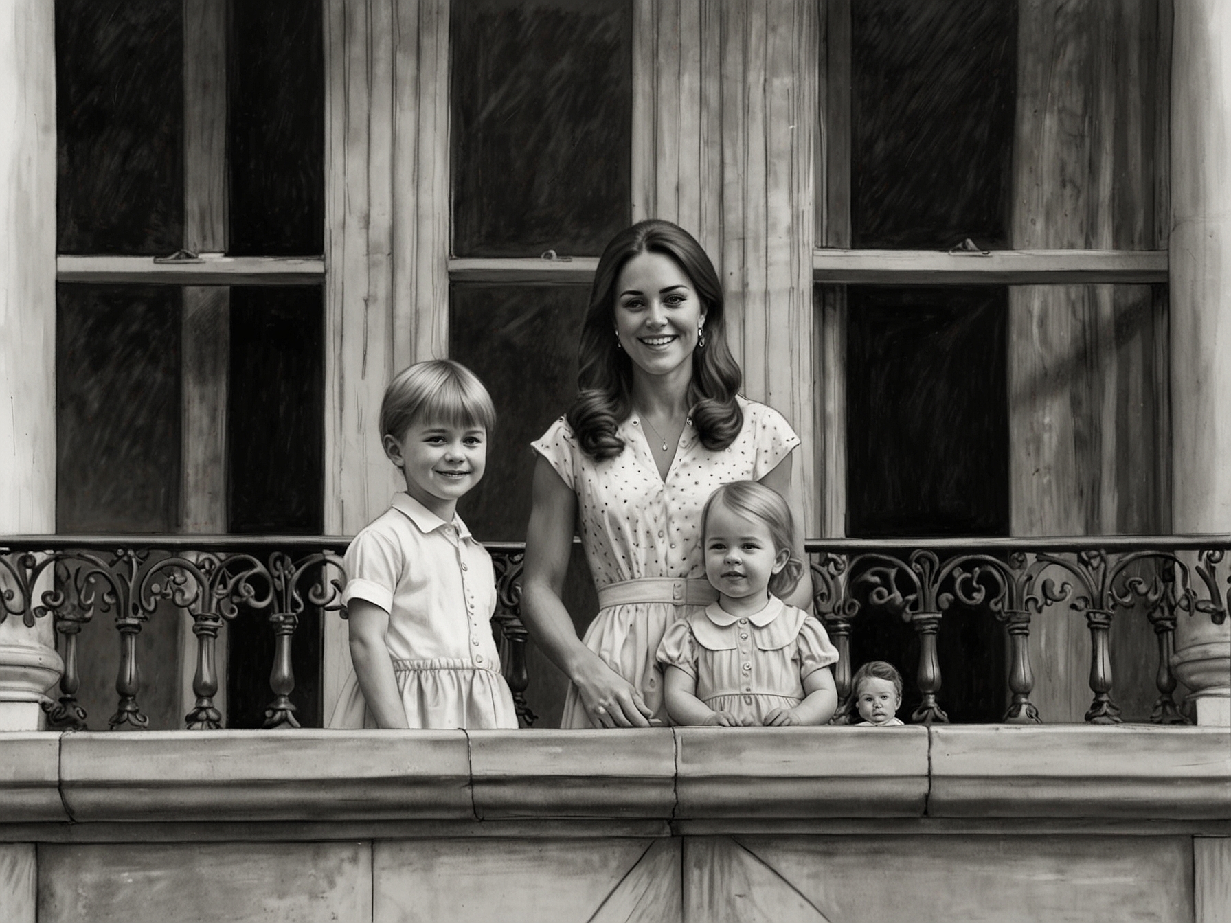 Kate Middleton stands on the Buckingham Palace balcony with Prince William and their children. She exudes grace and stability, symbolizing unity and continuity in the royal family.