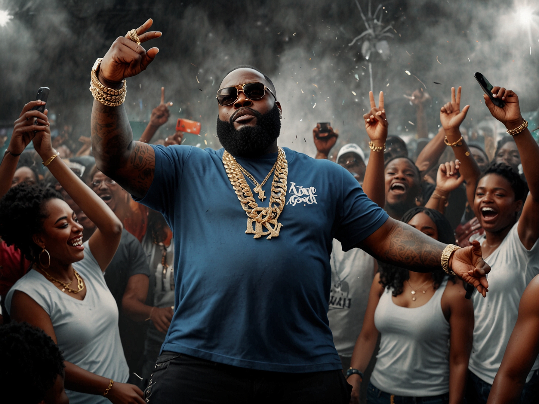 Rick Ross commands the stage at Blavity House Fest with an explosive performance, complete with pyrotechnics and a thundering bass, captivating the audience with his hits.