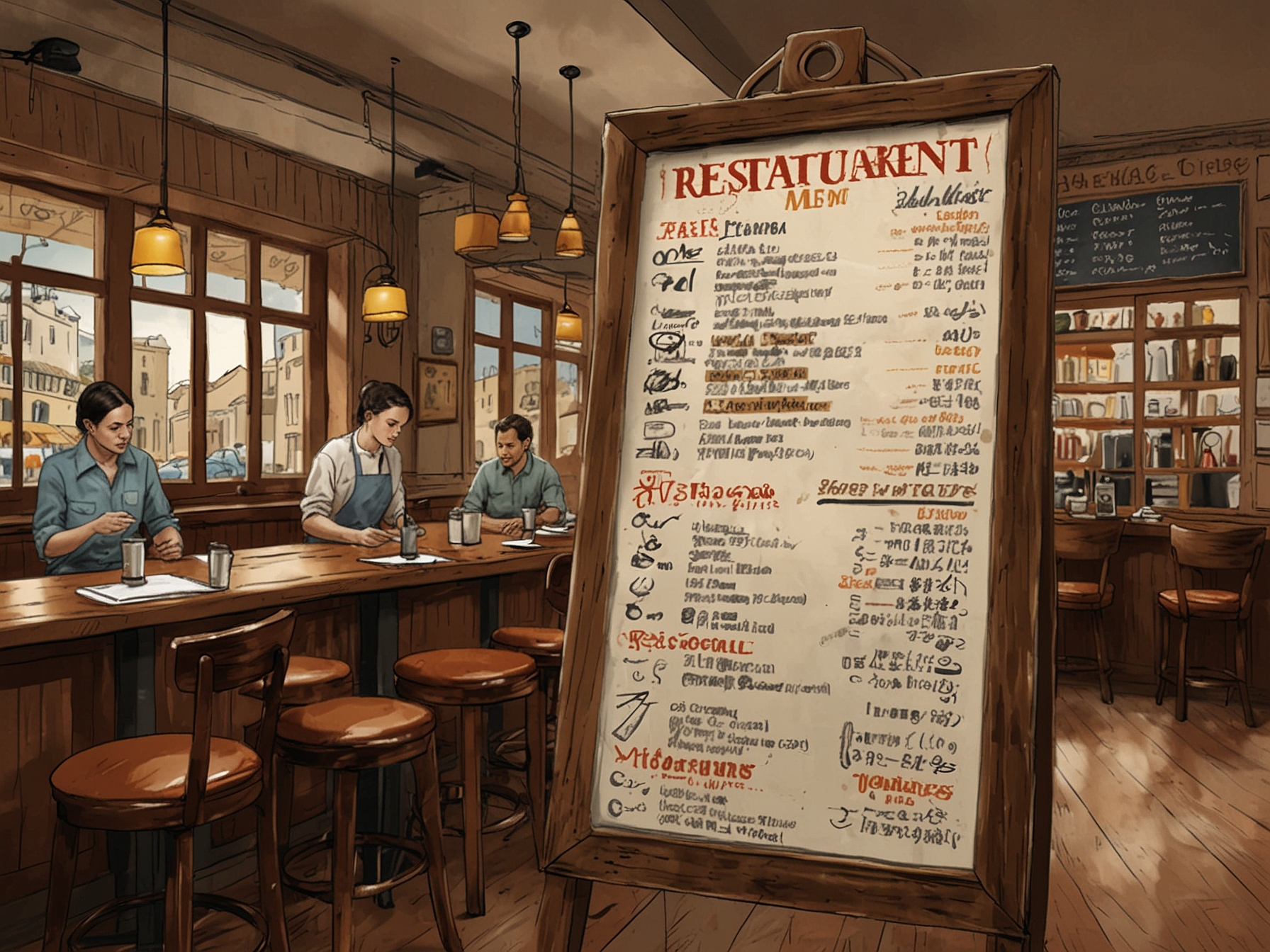 An image showing a restaurant menu with multiple languages, indicating a potential tourist trap. The illustration highlights that too many languages on a menu can signal a restaurant catering primarily to tourists.