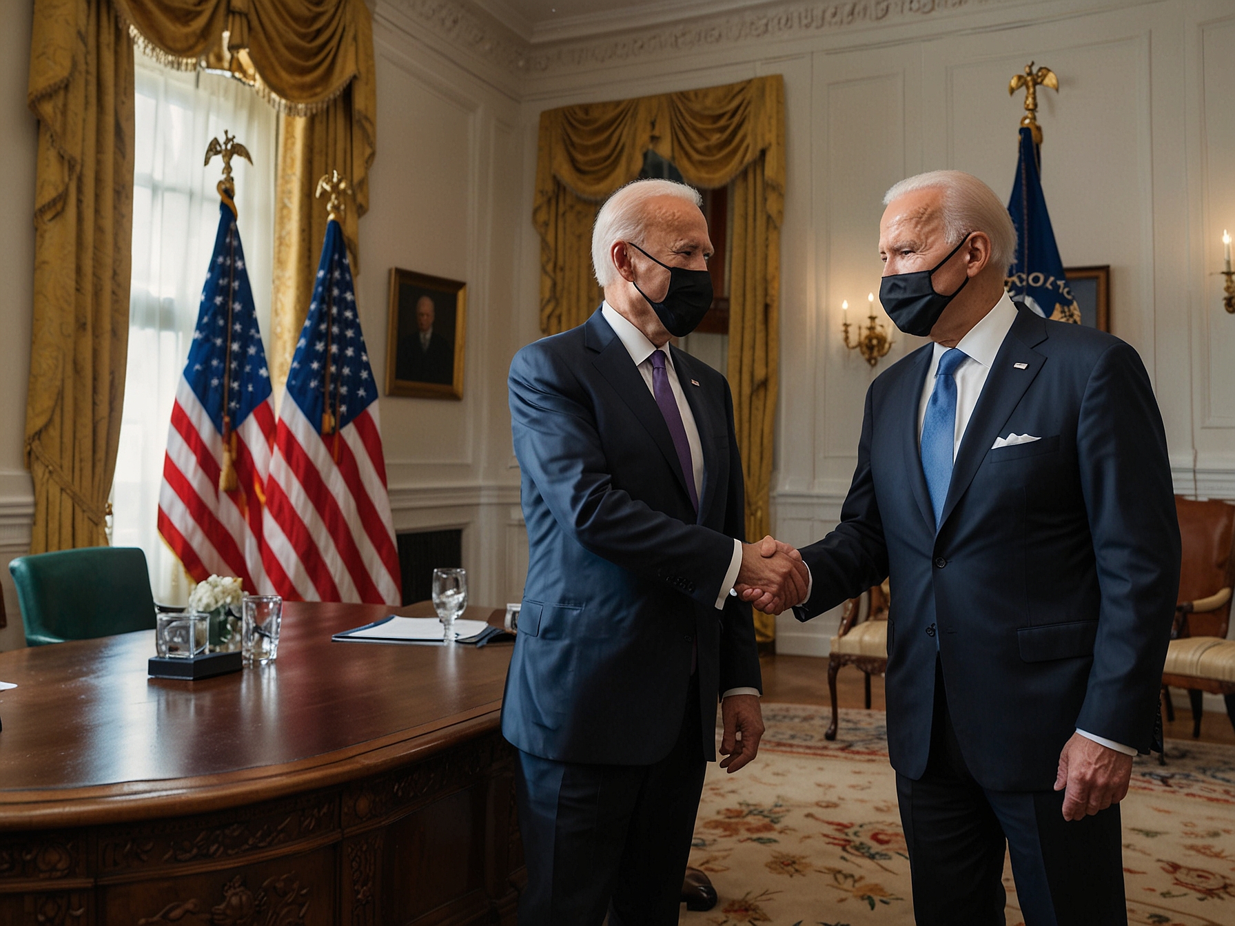 President Biden and NATO Secretary-General Stoltenberg shaking hands in a formal meeting room, symbolizing US commitment and unity within NATO ahead of the crucial Washington summit.