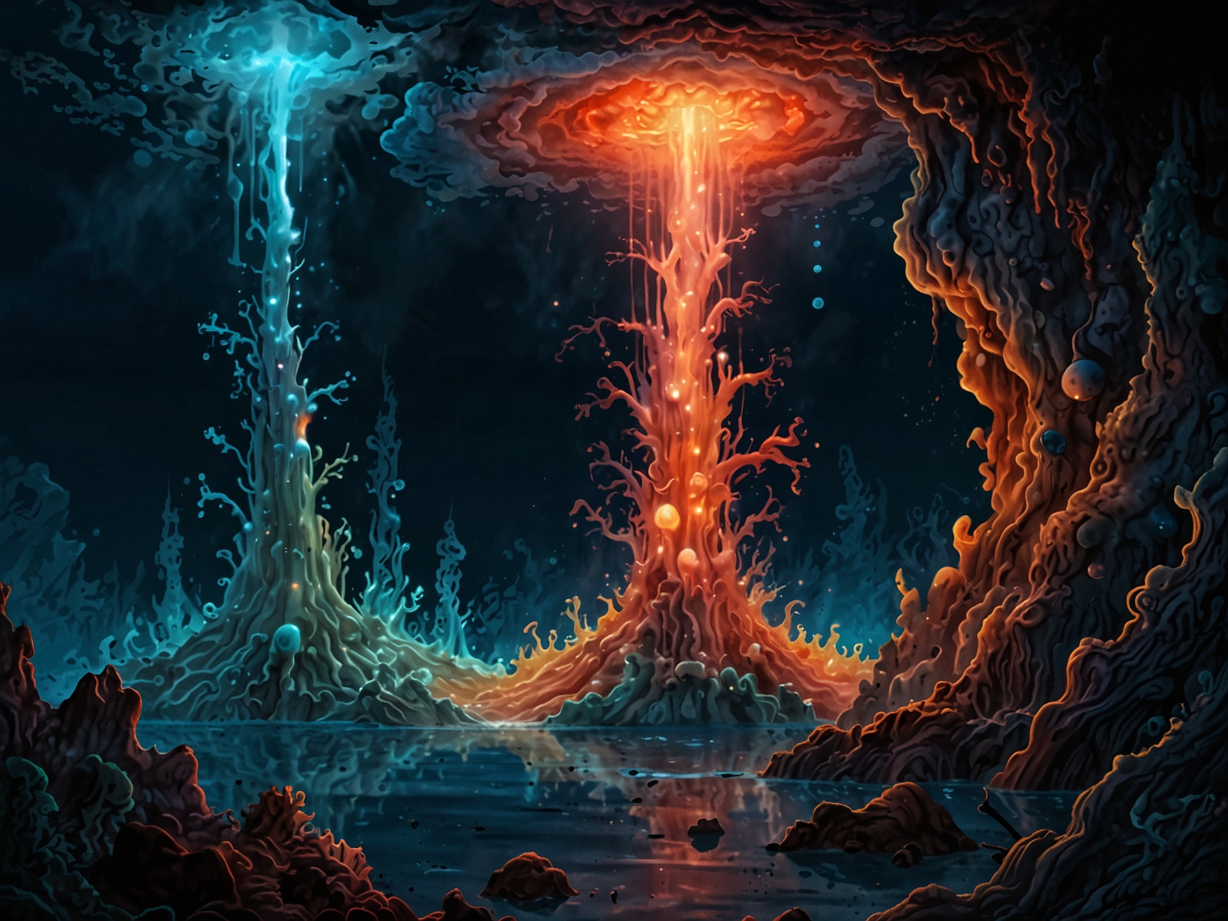 Illustration of hydrothermal vents on the ocean floor, teeming with ancient archaea. These microorganisms thrive in such extreme environments, harnessing energy from the abundant hydrogen gas released.