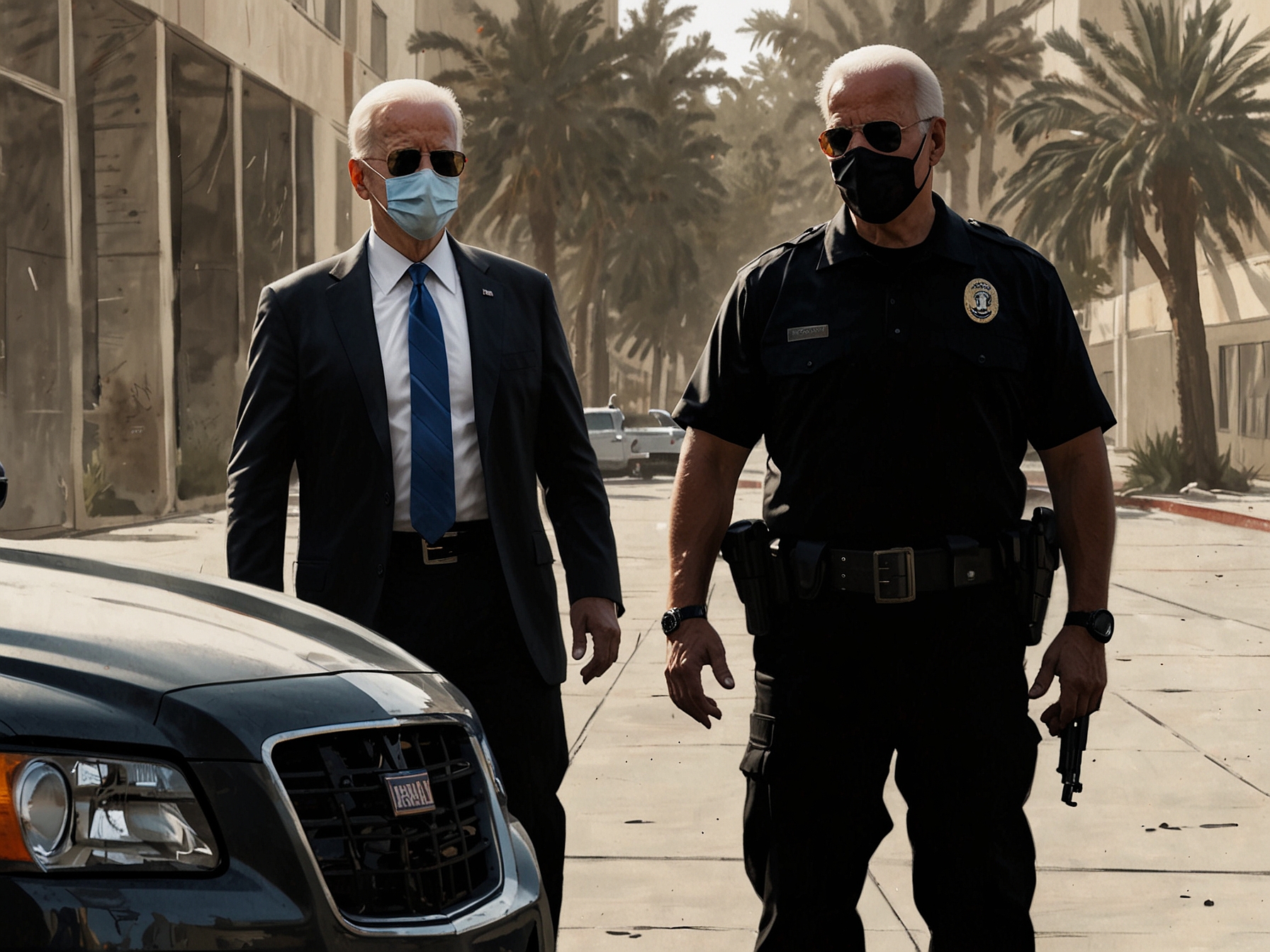 A Secret Service agent, off-duty, being approached by an armed individual in a dimly lit area during President Biden's California trip, emphasizing the risk and tension of the moment.