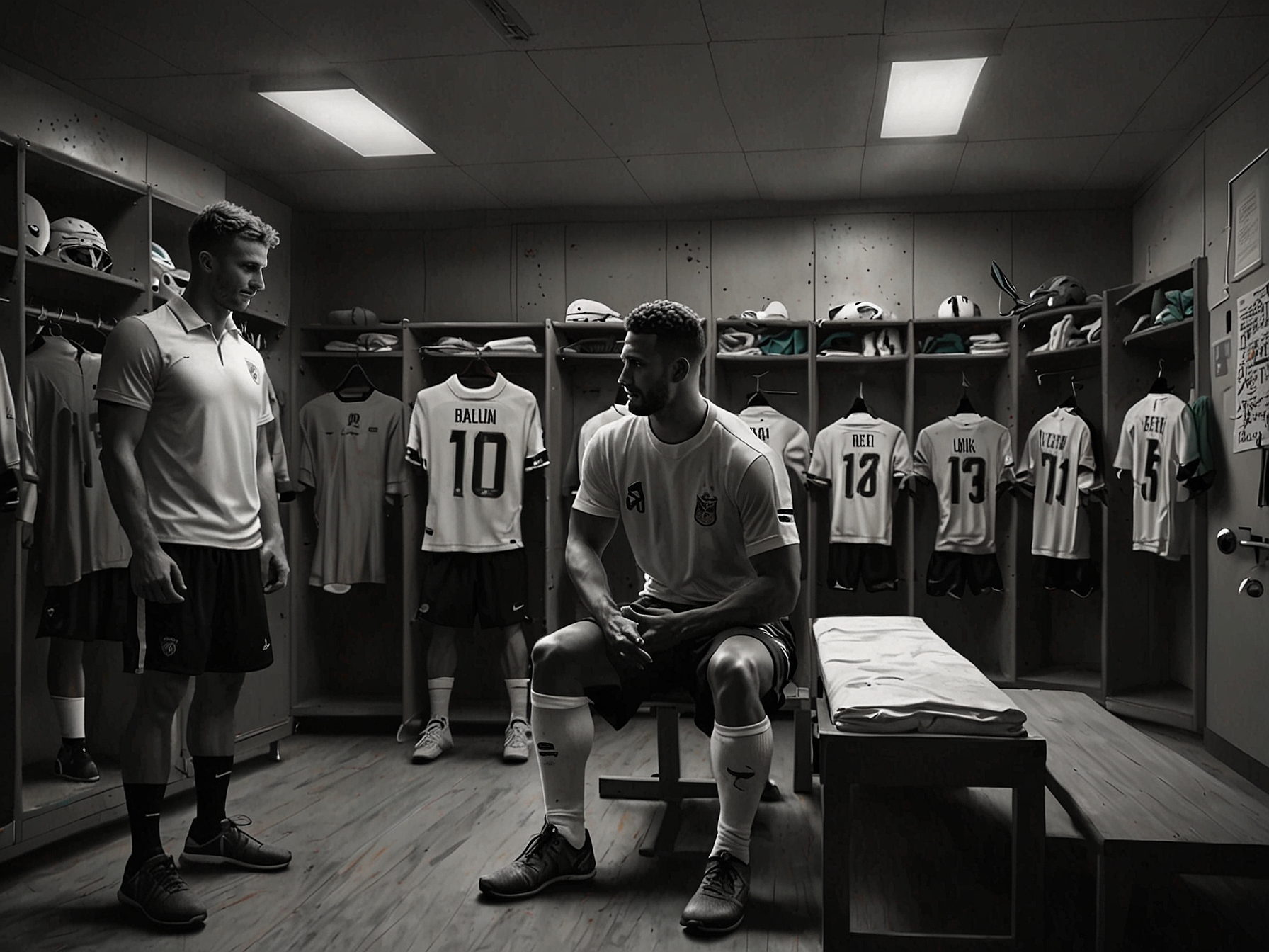 In a locker room, the footballer is surrounded by teammates and coaches, all congratulating him, highlighting the support system that played a pivotal role in his recovery and return.