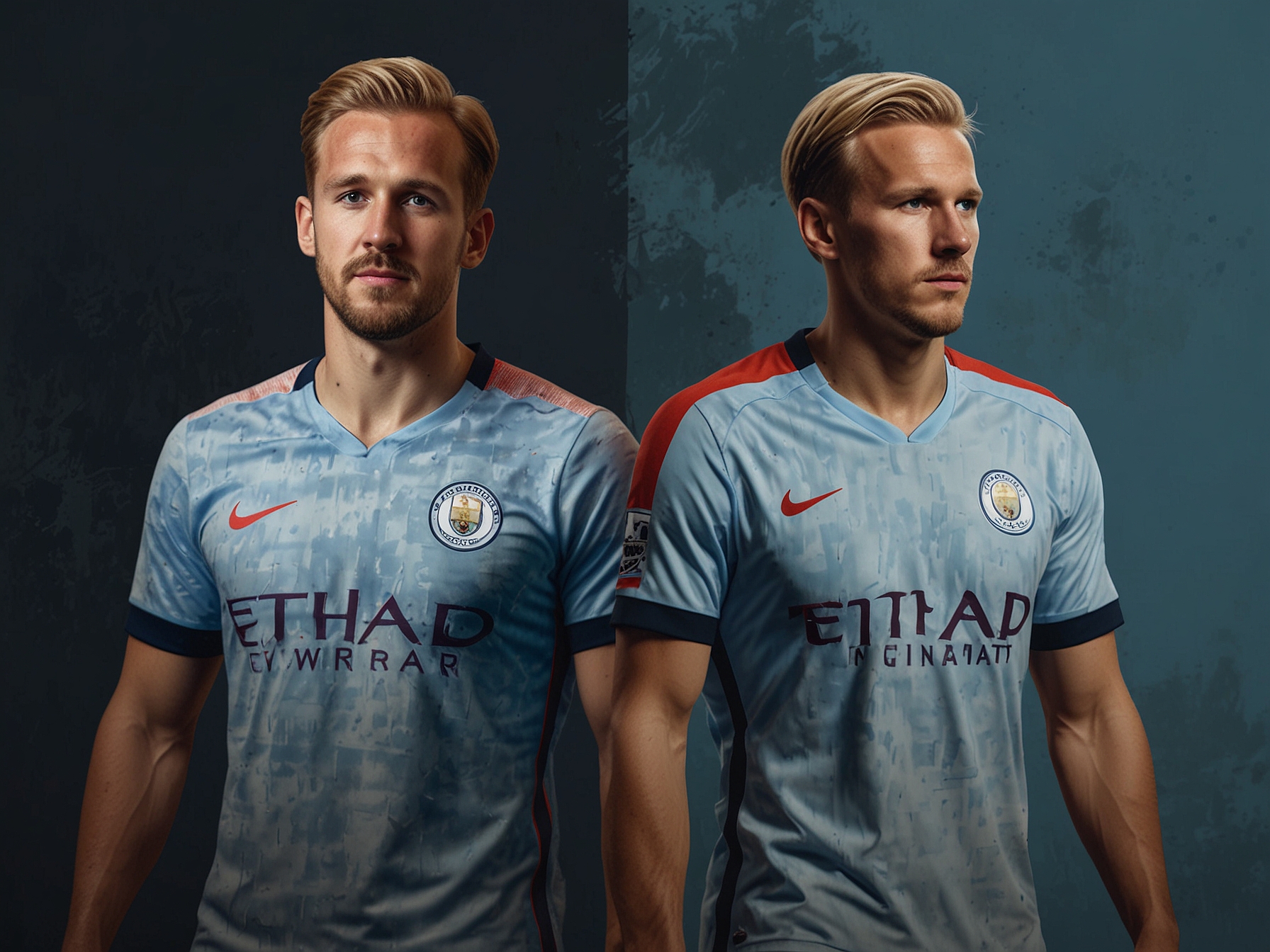 A split image of Harry Kane and Erling Haaland highlighting their contrasting styles of play, with Haaland shown in a Manchester City kit and Kane in an England kit.