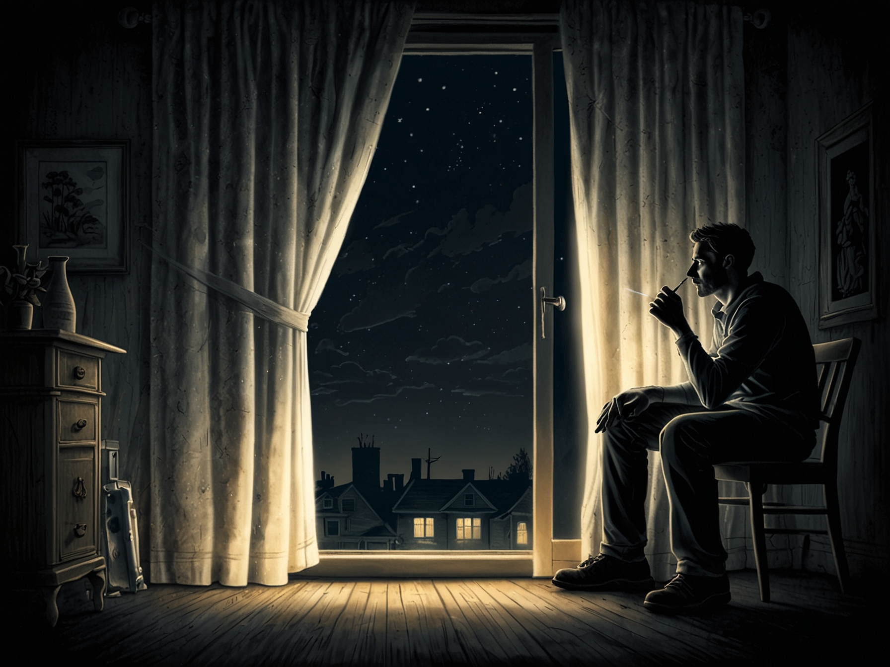 A homeowner inspecting their curtains at night with a flashlight, highlighting the need for vigilance and awareness against potential threats lurking behind drapes.
