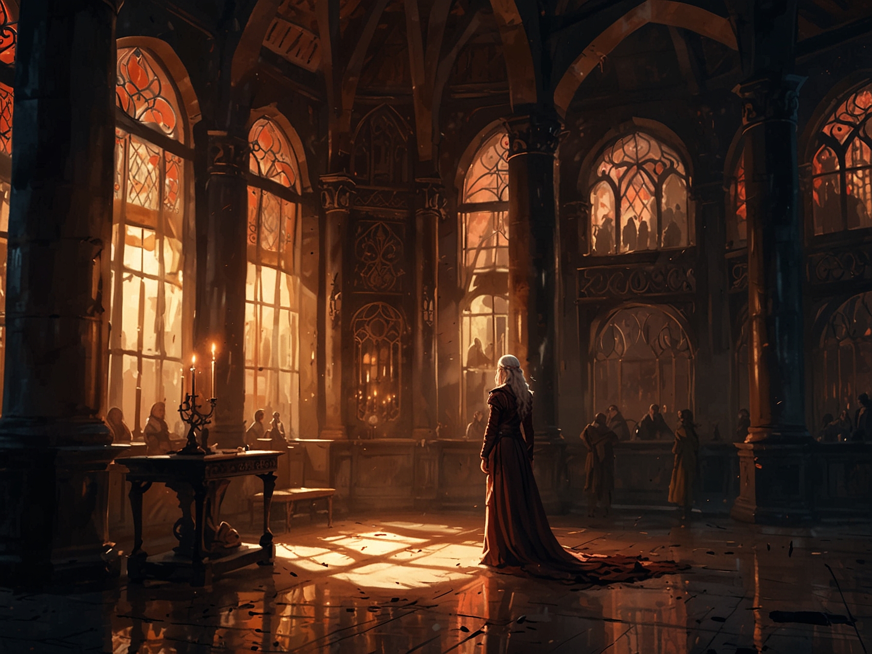 An enthralling scene depicting the power struggle between Rhaenyra Targaryen and Alicent Hightower in the richly decorated chambers of King's Landing, reflecting their ambition.