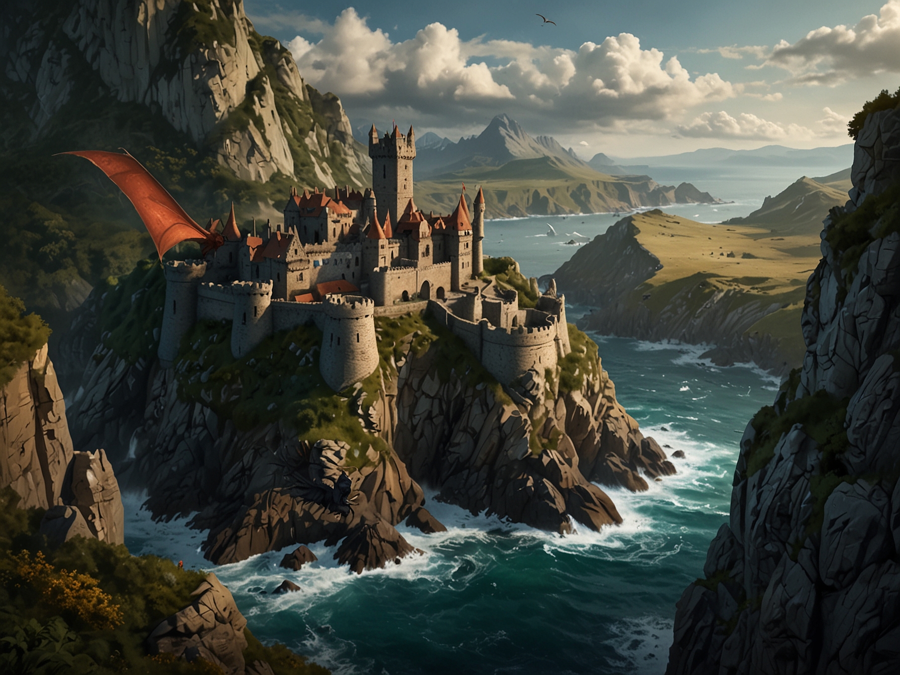 The breathtaking landscape of Dragonstone captured with meticulous CGI, showcasing soaring vistas and the majestic presence of dragons, a hallmark of the 'House of the Dragon' series.