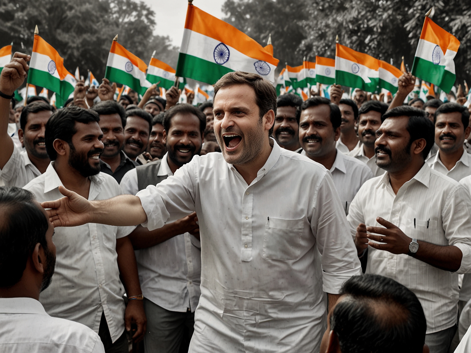 Rahul Gandhi celebrates his electoral victory in Raebareli and Wayanad, surrounded by supporters displaying banners and flags, highlighting his continued influence in diverse regions.