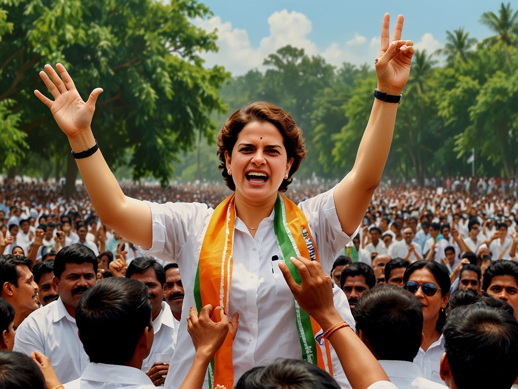 Priyanka Gandhi Vadra addressing a large crowd in Wayanad, emphasizing her charismatic debut in electoral politics, with enthusiastic supporters waving Congress party symbols.
