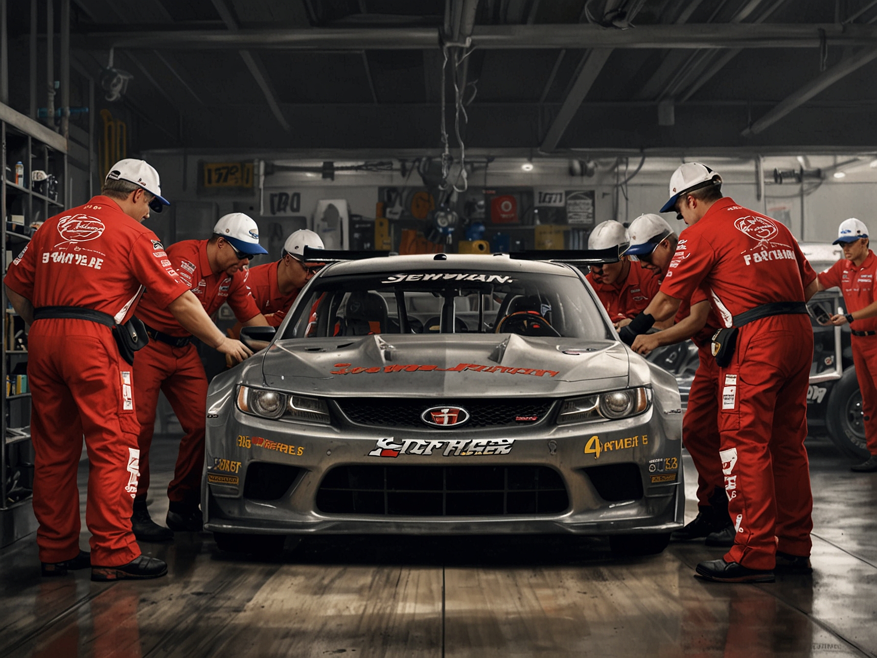 Stewart-Haas Racing's iconic pit crew working meticulously on a car, symbolizing the team's long-standing presence and its imminent closure impacting drivers like Noah Gragson.