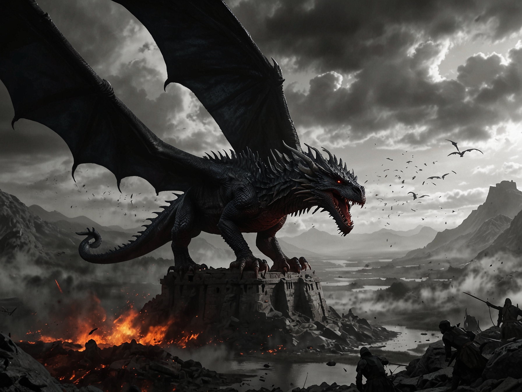 An epic scene from 'House of the Dragon' displaying the Targaryen dynasty's dragons soaring over a war-torn battlefield, hinting at the political intrigue and drama of the next season.